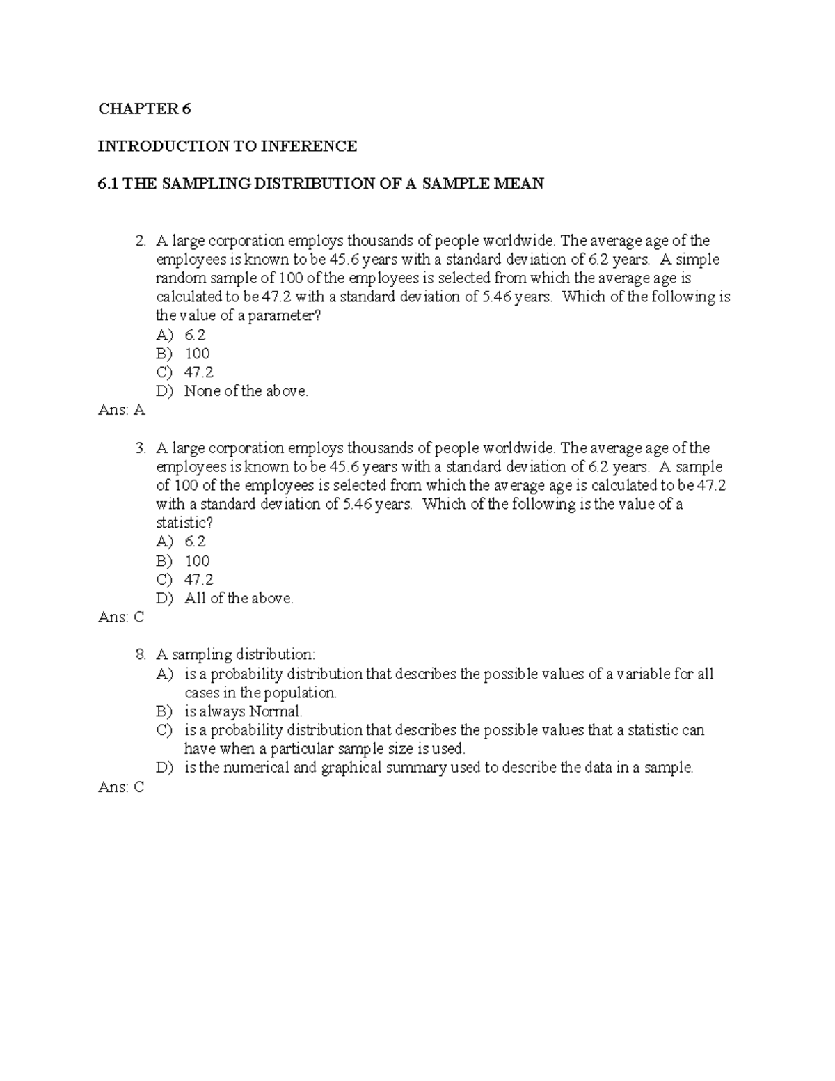 Practice Problems and Answers - Stat 101: Chapter 6 Inference - Studocu
