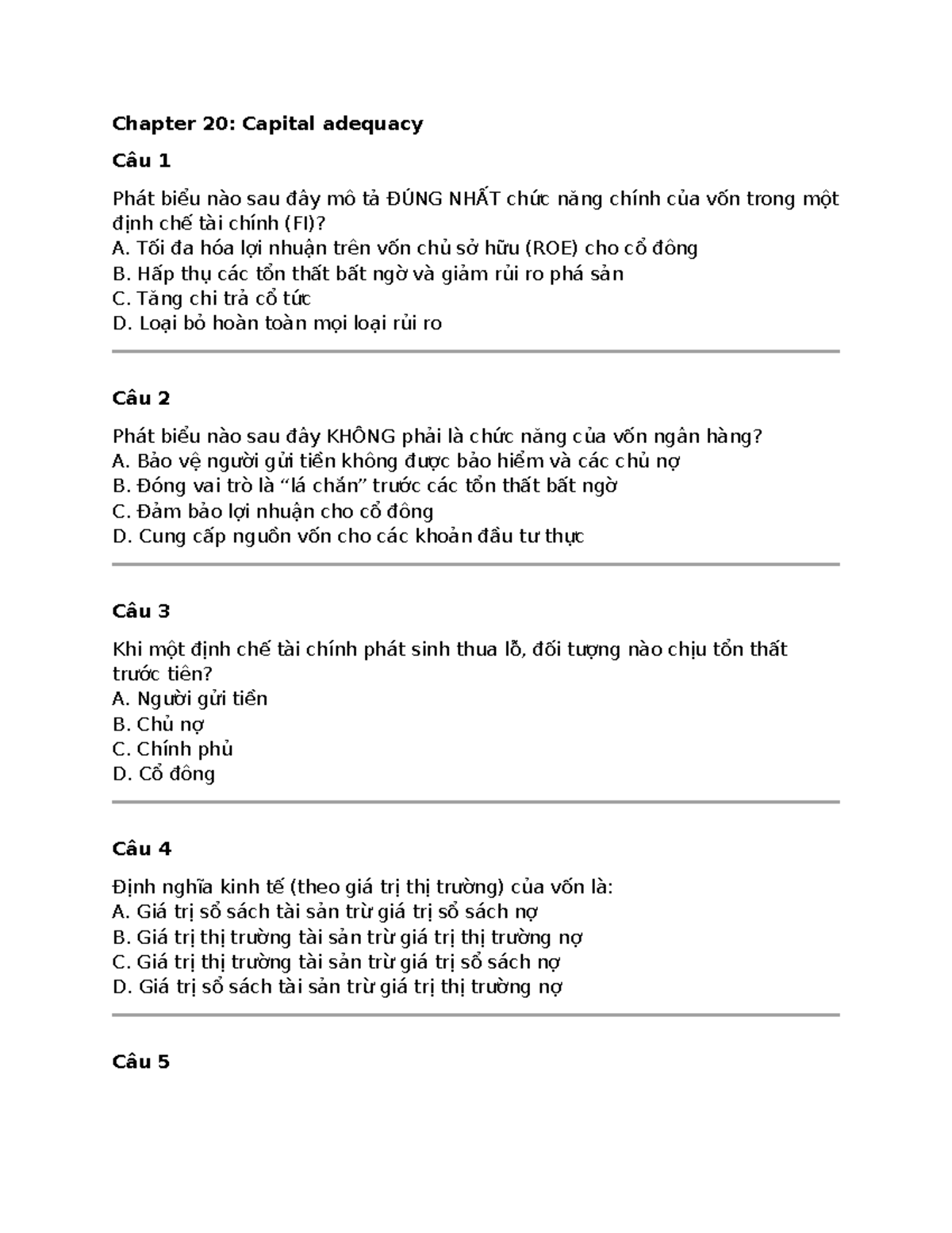 Chapter 20: Capital Adequacy Practice Questions and Answers - Studocu