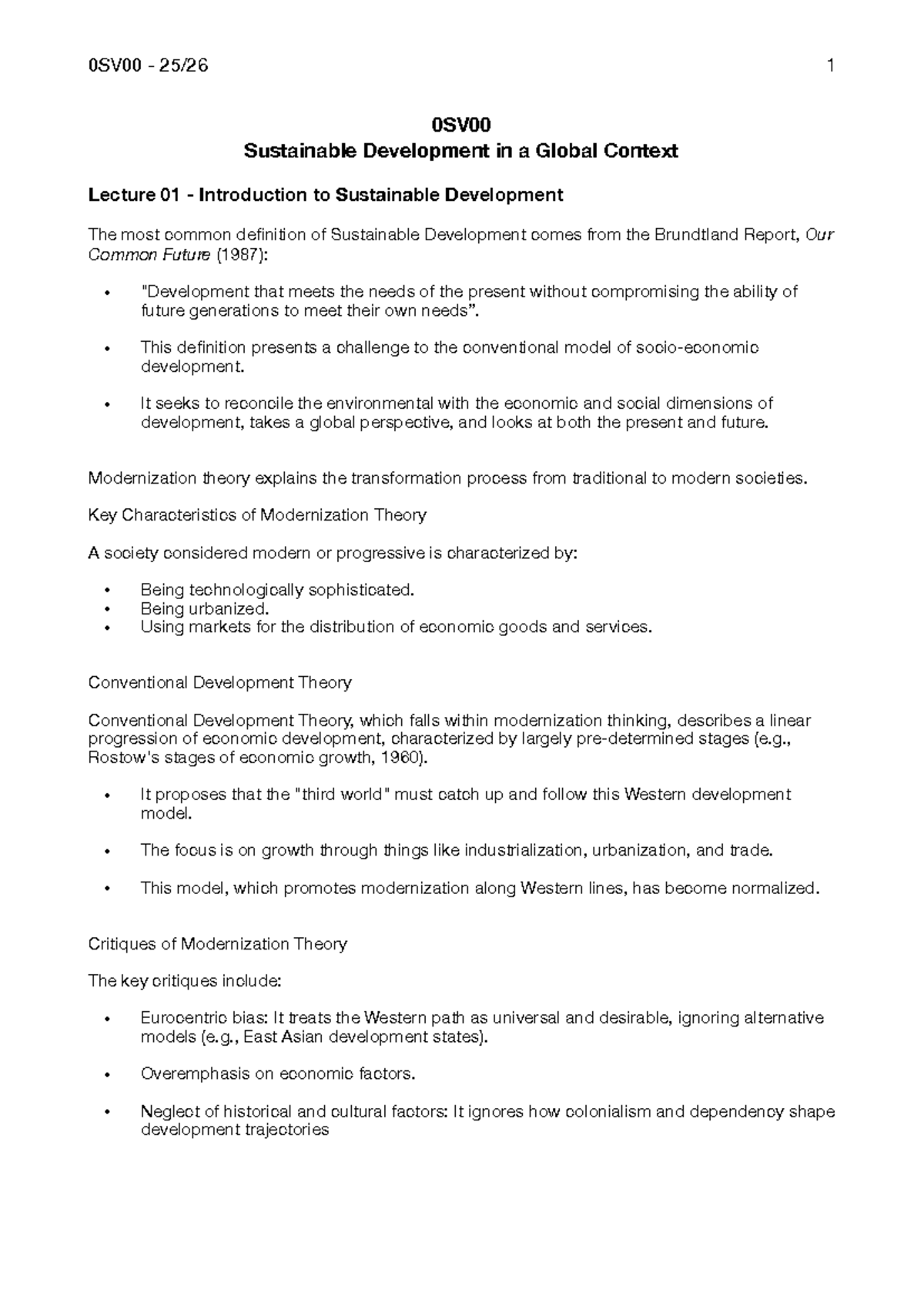1 0SV00 Sustainable Development in a Global Context Lecture Notes ...