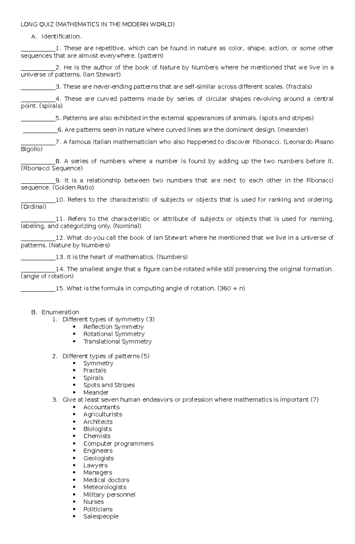 MMW- Long Quiz on Patterns in Mathematics (Answer Key) - Studocu