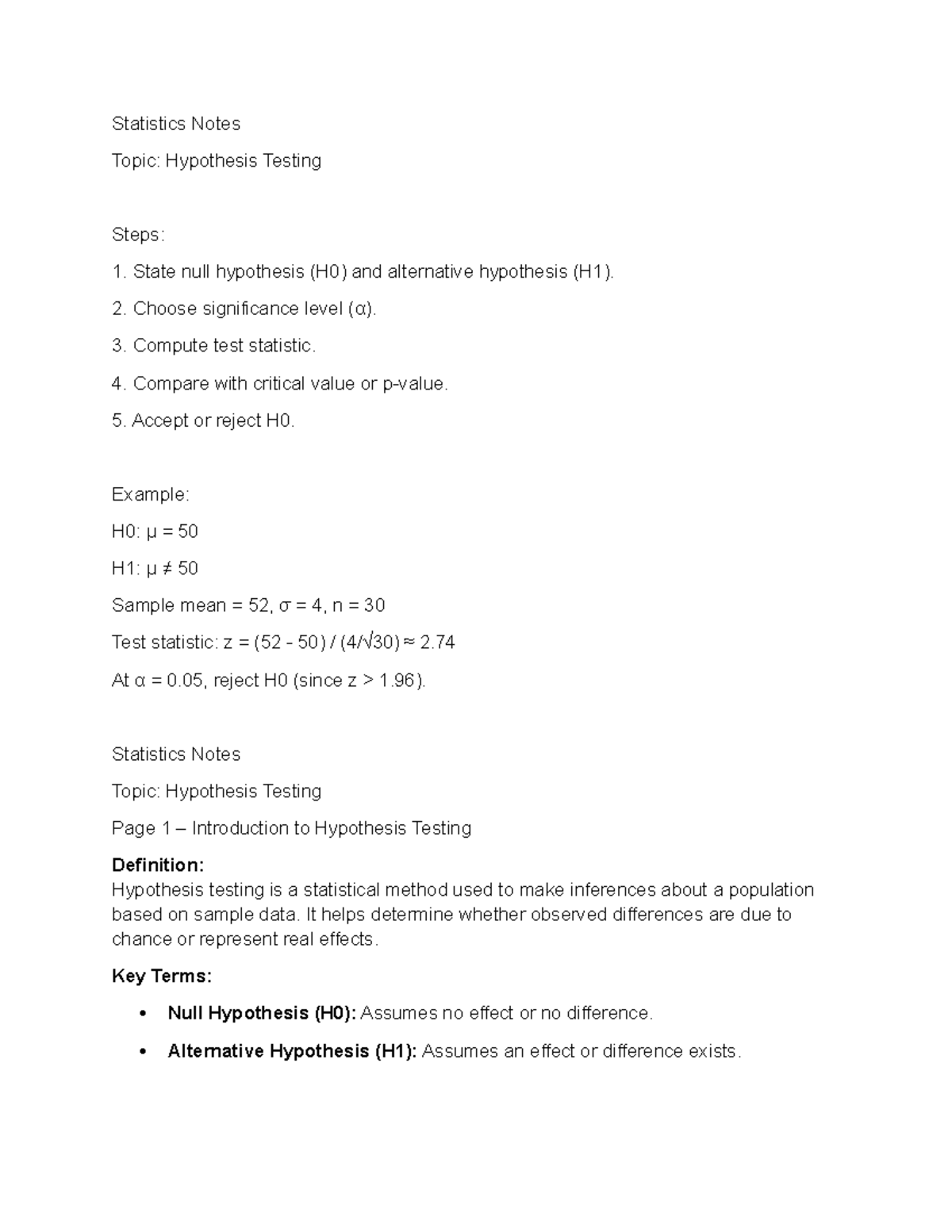 Statistics Notes: Hypothesis Testing Steps and Examples - Studocu
