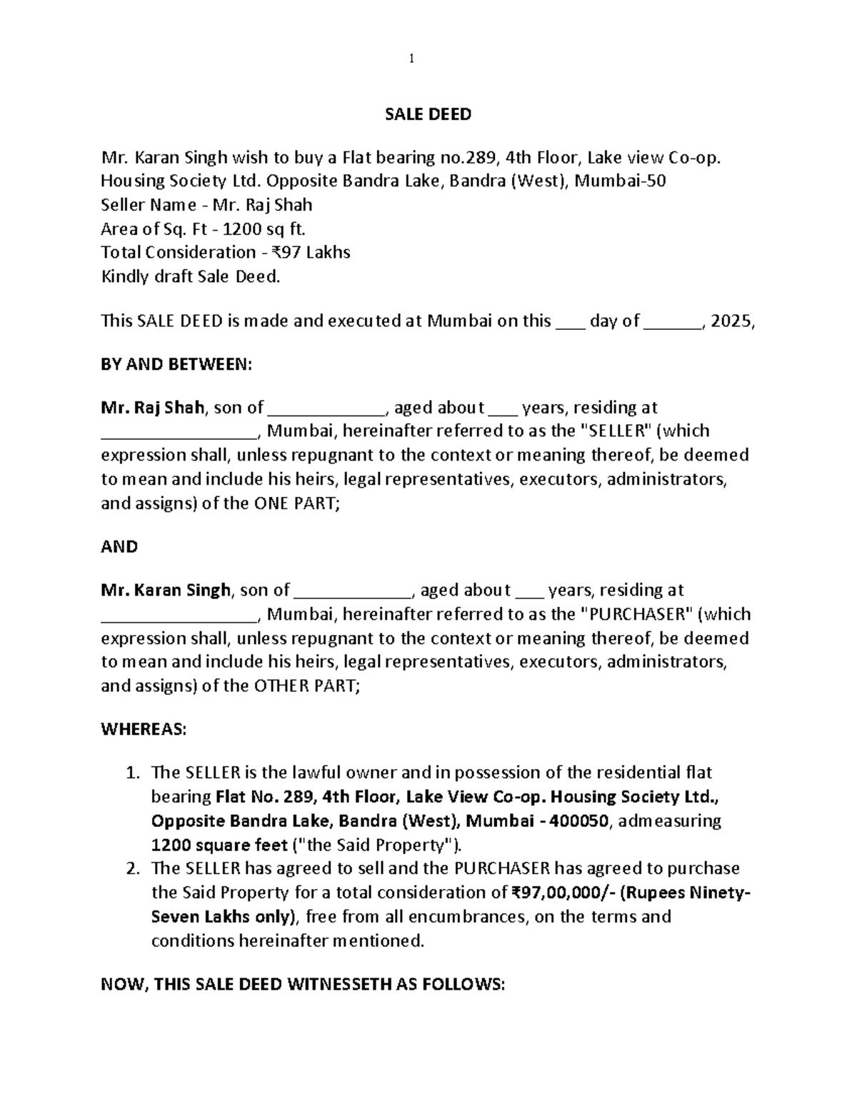 Dpc II - Assignment - SALE DEED Mr. Karan Singh wish to buy a Flat ...