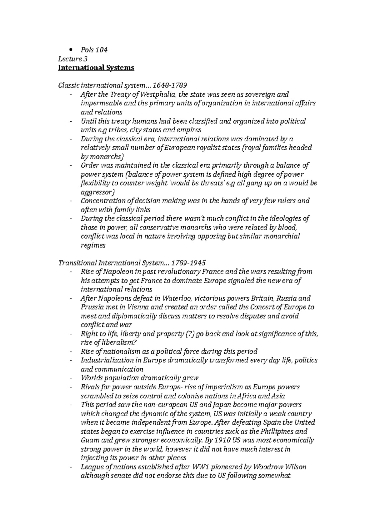 POLS104 lecture notes - Pols 104 Lecture 3 International Systems ...