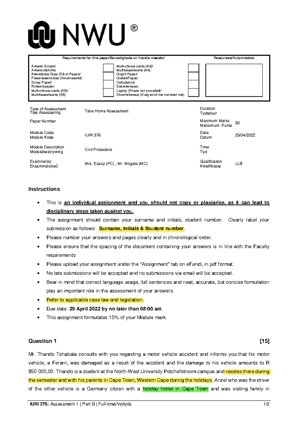 IURI 376 - 2022 Assessment 1 Part B Guidelines and Requirements - Studocu