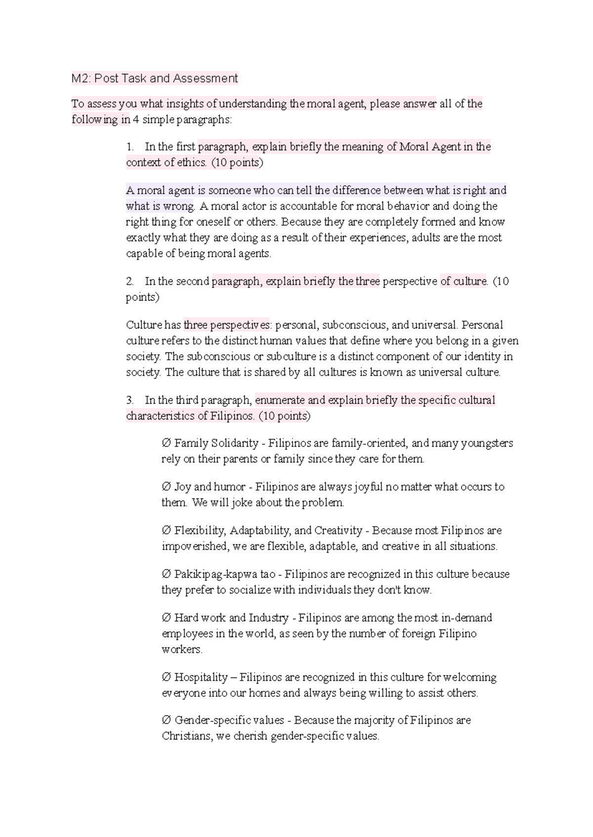 M2: Post Task & Assessment on Moral Agents and Cultural Insights - Studocu