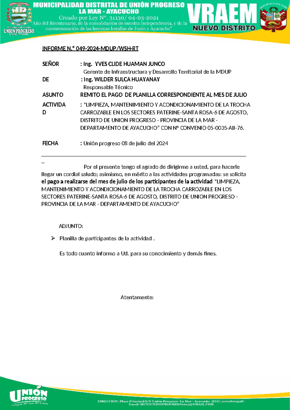 Informe 23 - copia - HGRD - INFORME N.º 049-2024-MDUP/WSH-RT SEÑOR ...