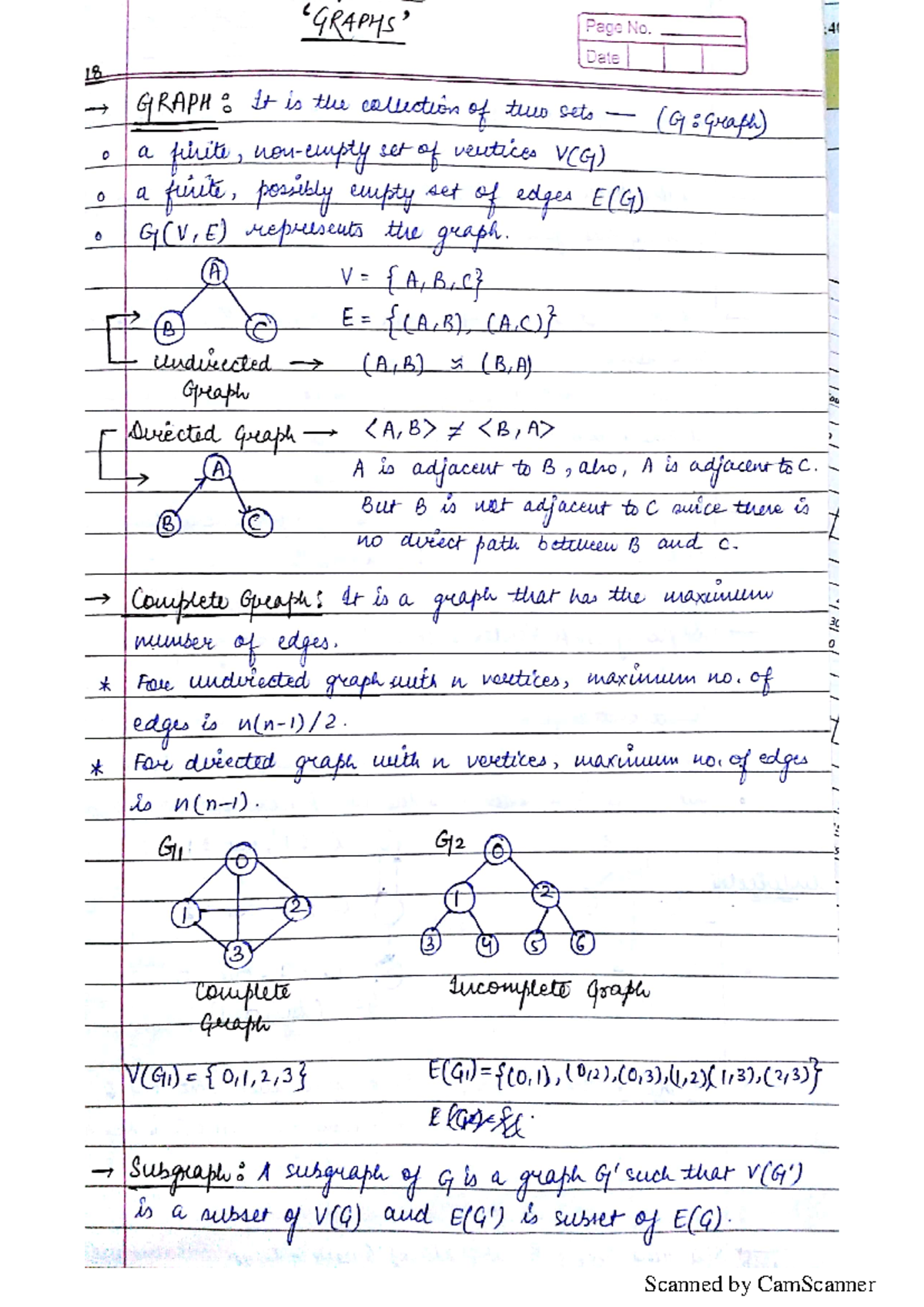 UNIT-5-Graph - Notes of Graph theory - Page No. 4 Date 18 GRAPH: It is ...