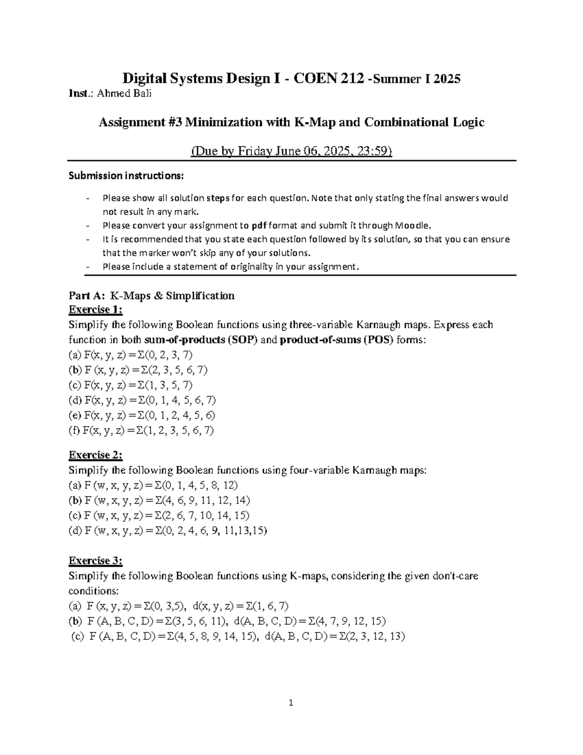 Digital Systems Design I COEN 212: Assignment 3 - Logic Minimization ...