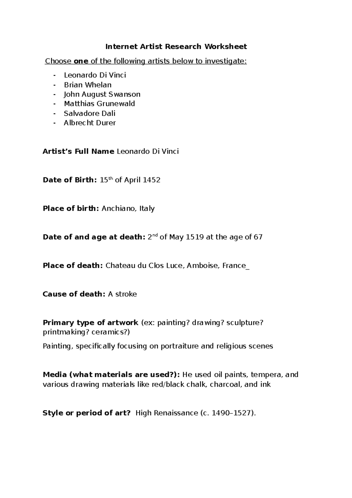 Week 3 Internet Artist Research Worksheet: Leonardo Da Vinci Analysis ...