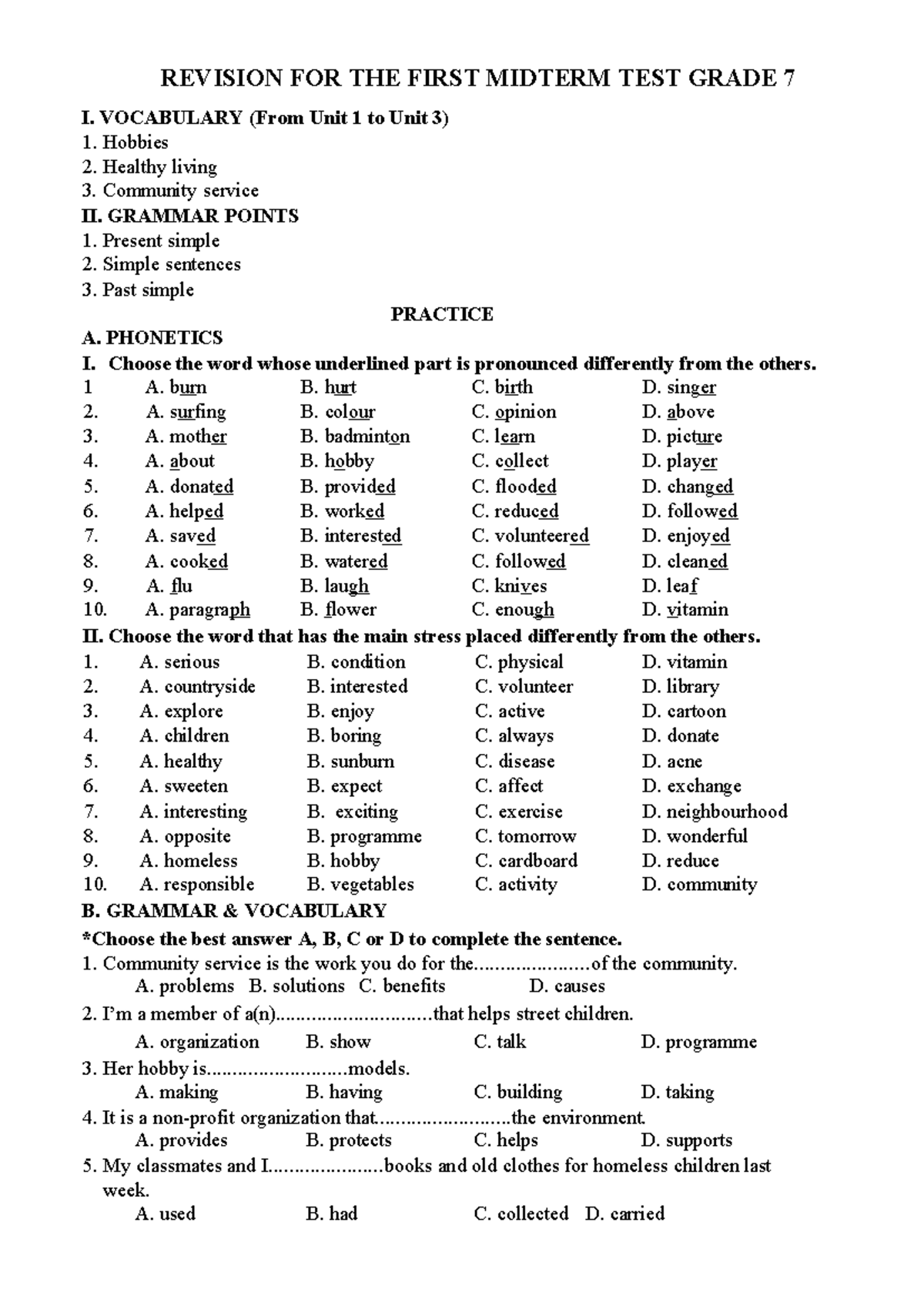 REVISION FOR GRADE 7 FIRST MIDTERM TEST (Units 1-3) - Studocu