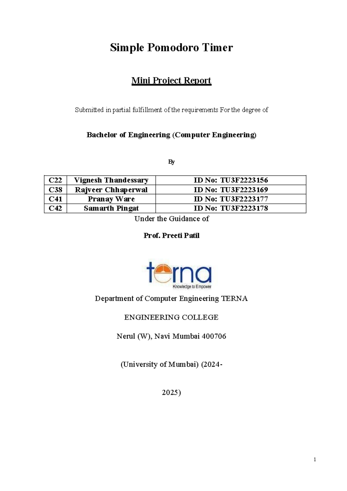 Pomodoro Timer Mini Project Report for C22 C38 C41 C42 - Studocu