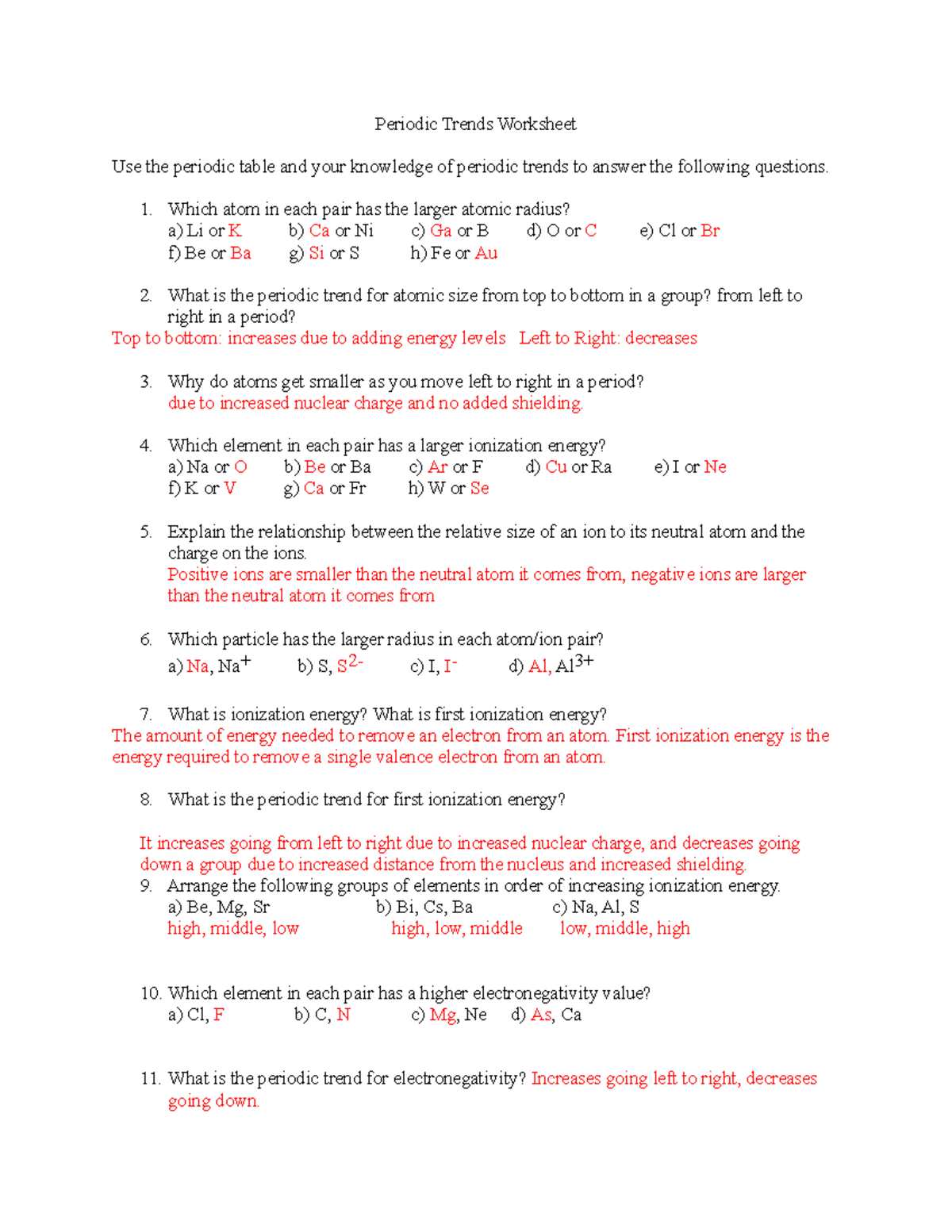 Periodic Trends Worksheet 1: Key Concepts and Answers - Studocu