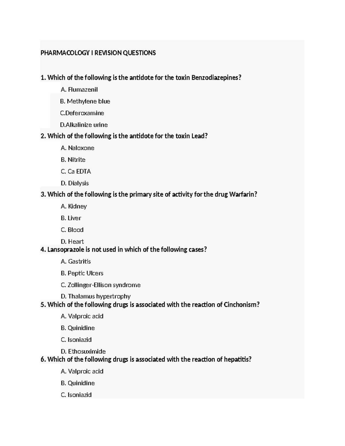 Pharmacology I Final Exam Revision Questions and Answers - Studocu
