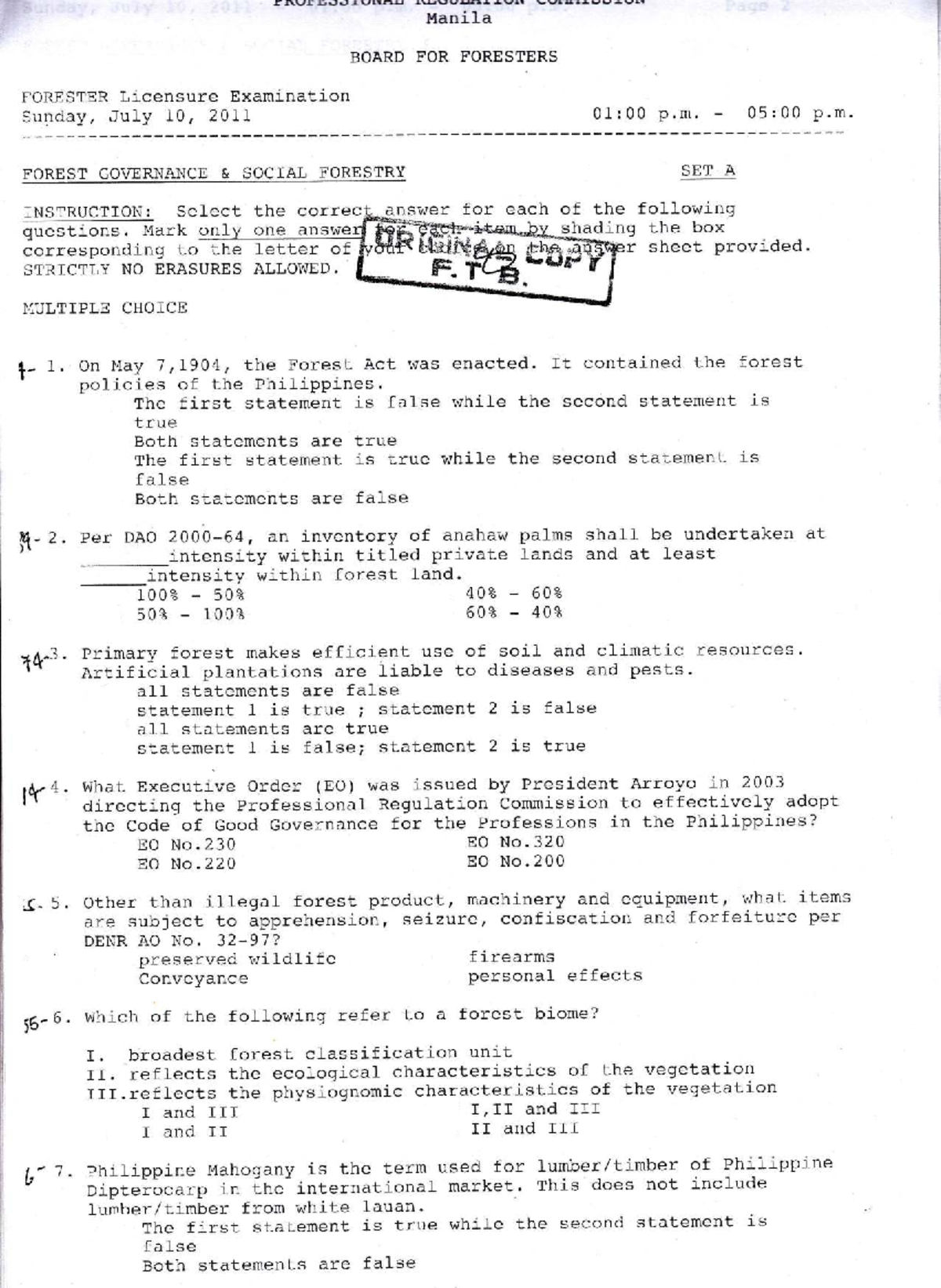 FGSF 2011 - Forest Governance Social Forestry Licensure Exam Questions ...