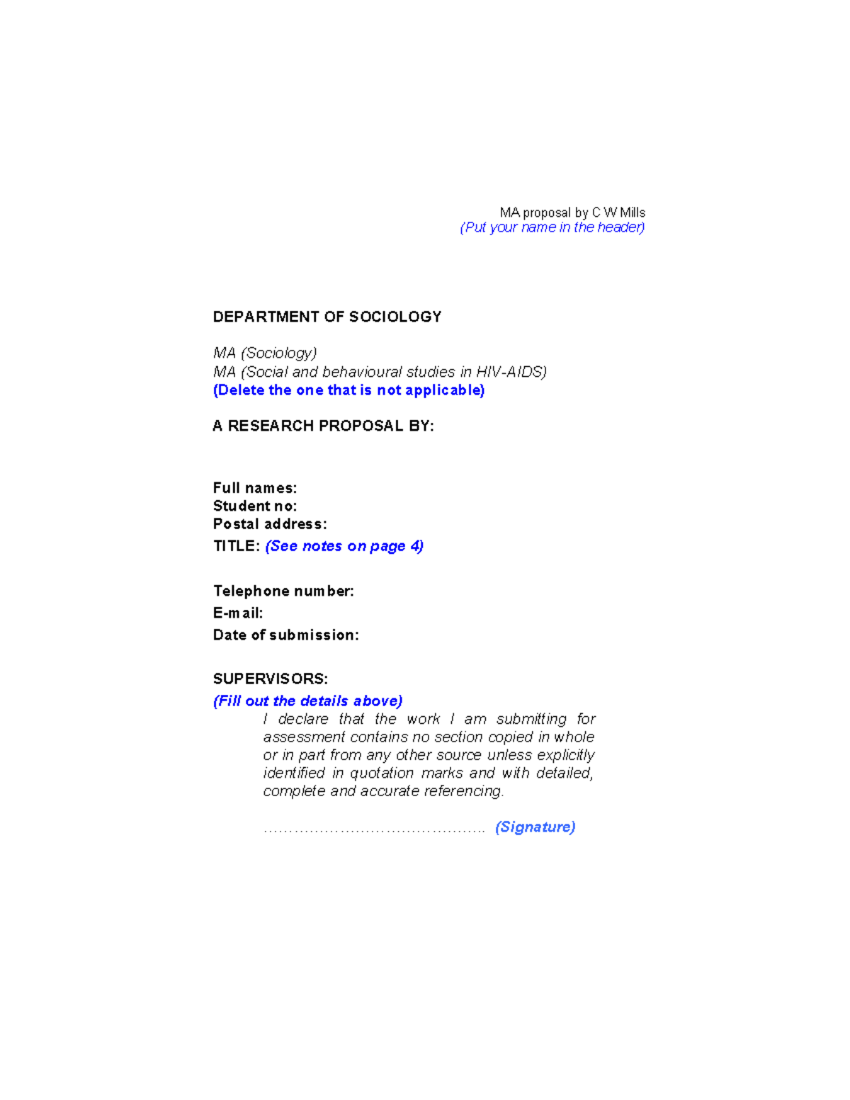 MA Proposal Template for Sociology (CW Mills) - Studocu