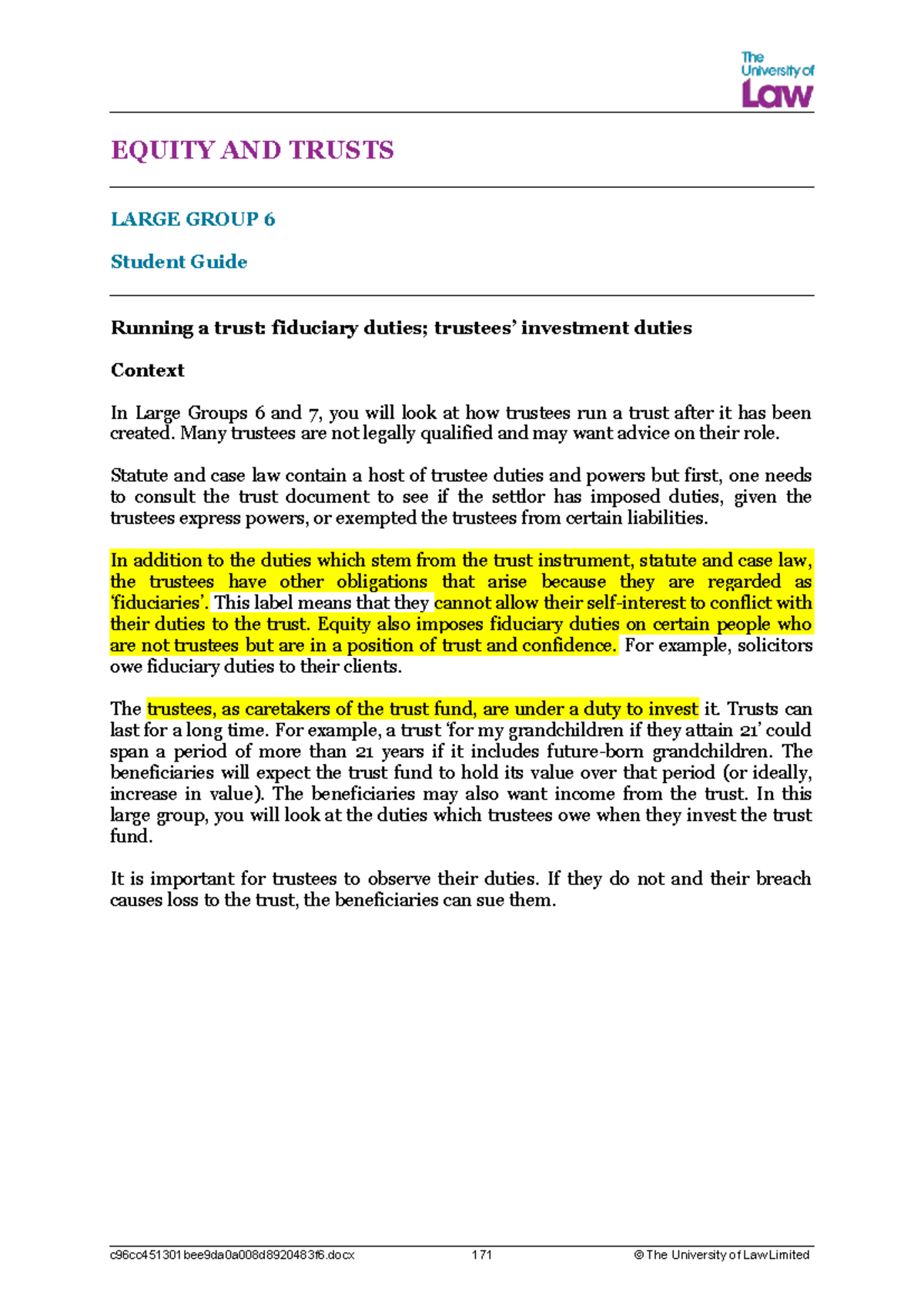 EQUITY AND TRUSTS LARGE GROUP 6: Trustee Duties and Fiduciary ...