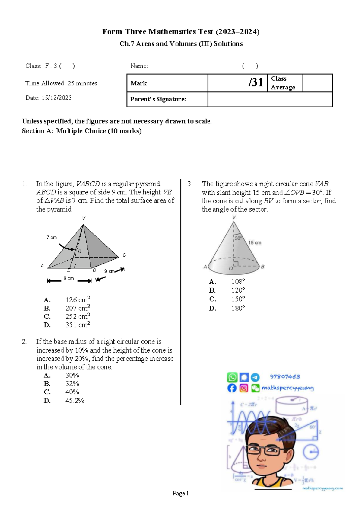 2324 F3 Math Test: Ch. 7 Areas & Volumes (III) Solutions - Studocu