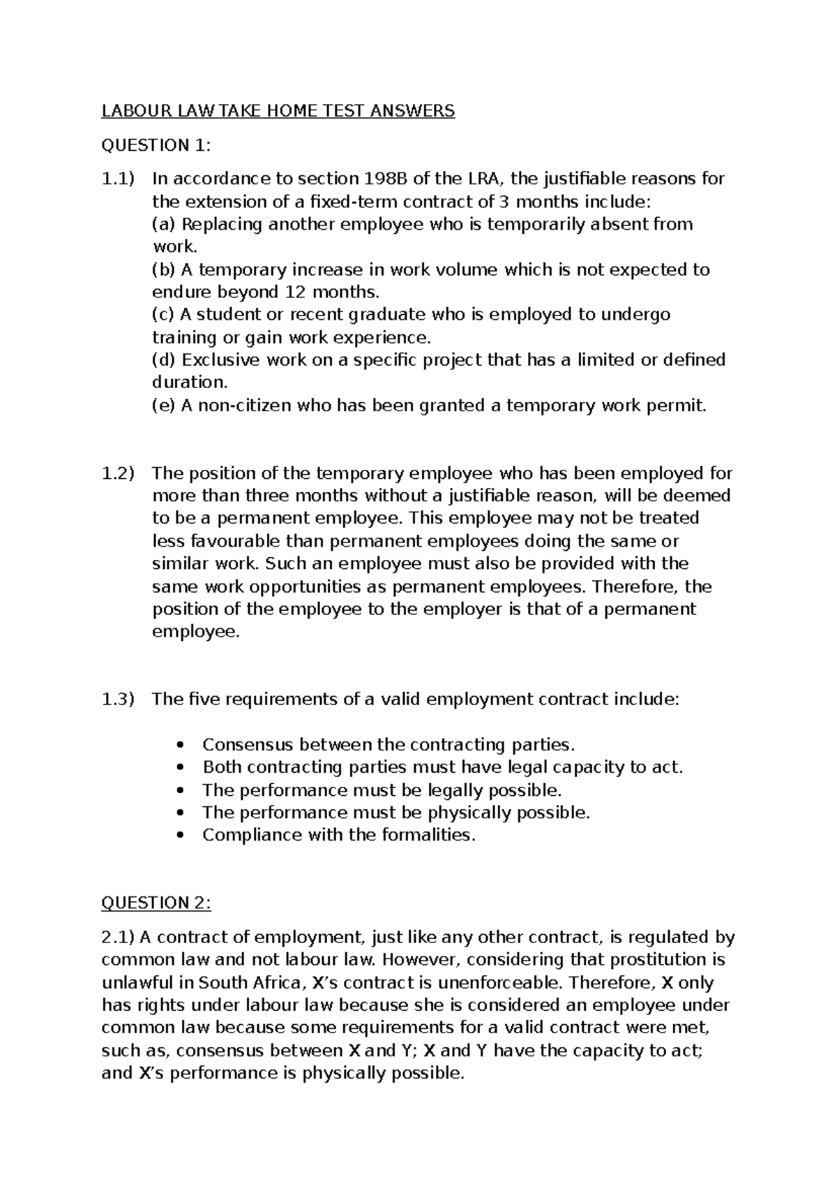Labour Law (LL 101) - Take Home Test Answers and Analysis - Studocu