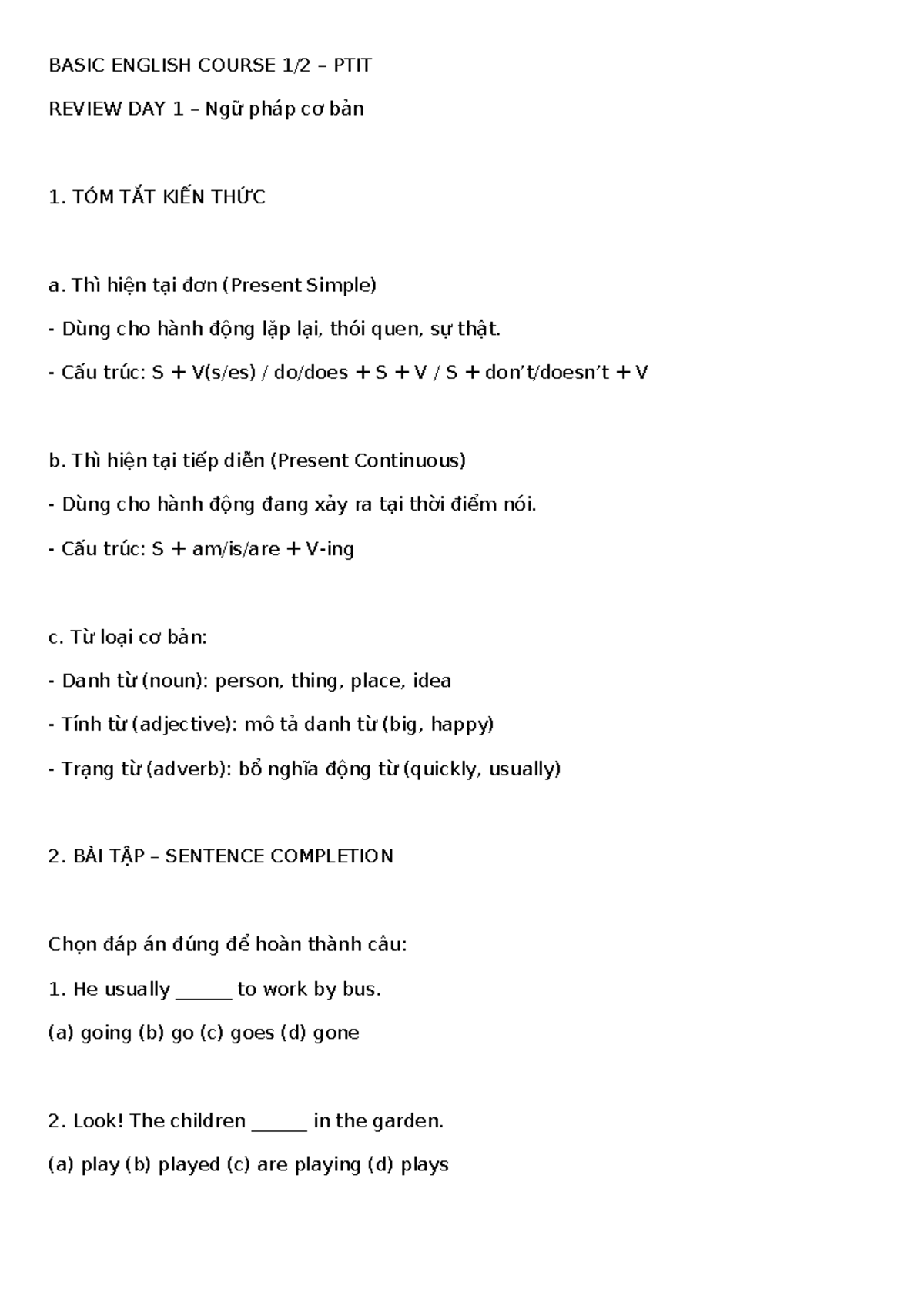 BASIC ENGLISH COURSE PTIT REVIEW DAY 1: GRAMMAR SUMMARY - Studocu
