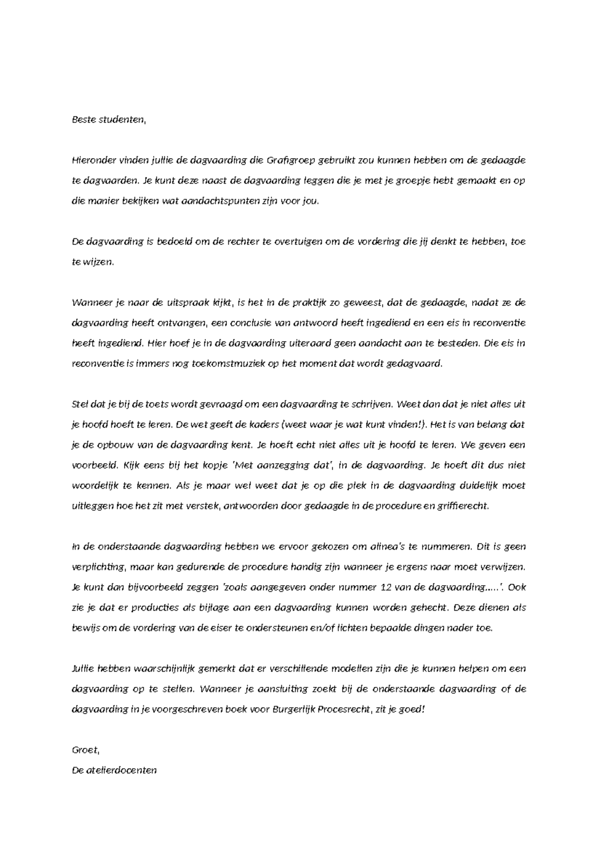 Dagvaarding Voorbeeld - Burgerlijk Procesrecht (Periode 1) - Studeersnel