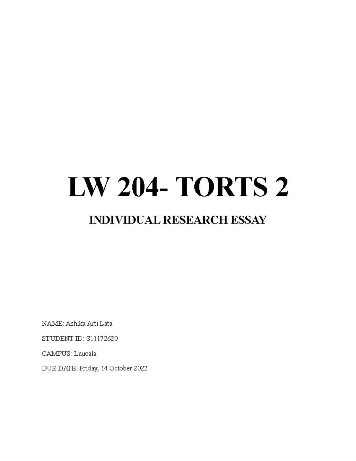 LW 204 Torts 2 Individual Research Essay: Defamation Analysis - Studocu