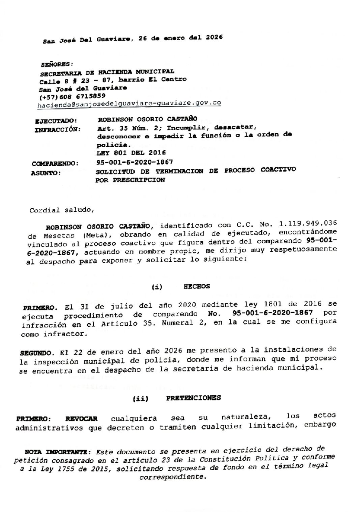 Solicitud de Prescripción de Medida Correctiva - RNMC Policía Nacional - Document Preview