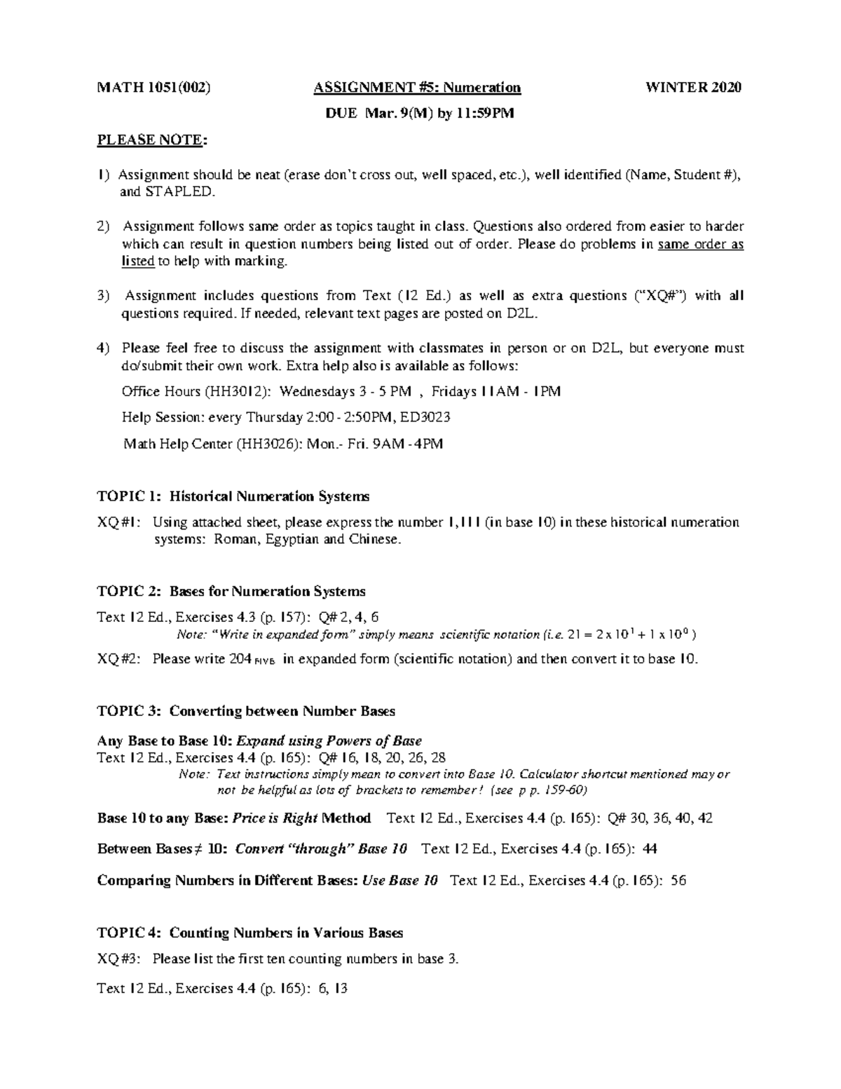 Assignment five Numeration I math 1051 - MATH 1051(002) ASSIGNMENT #5 ...