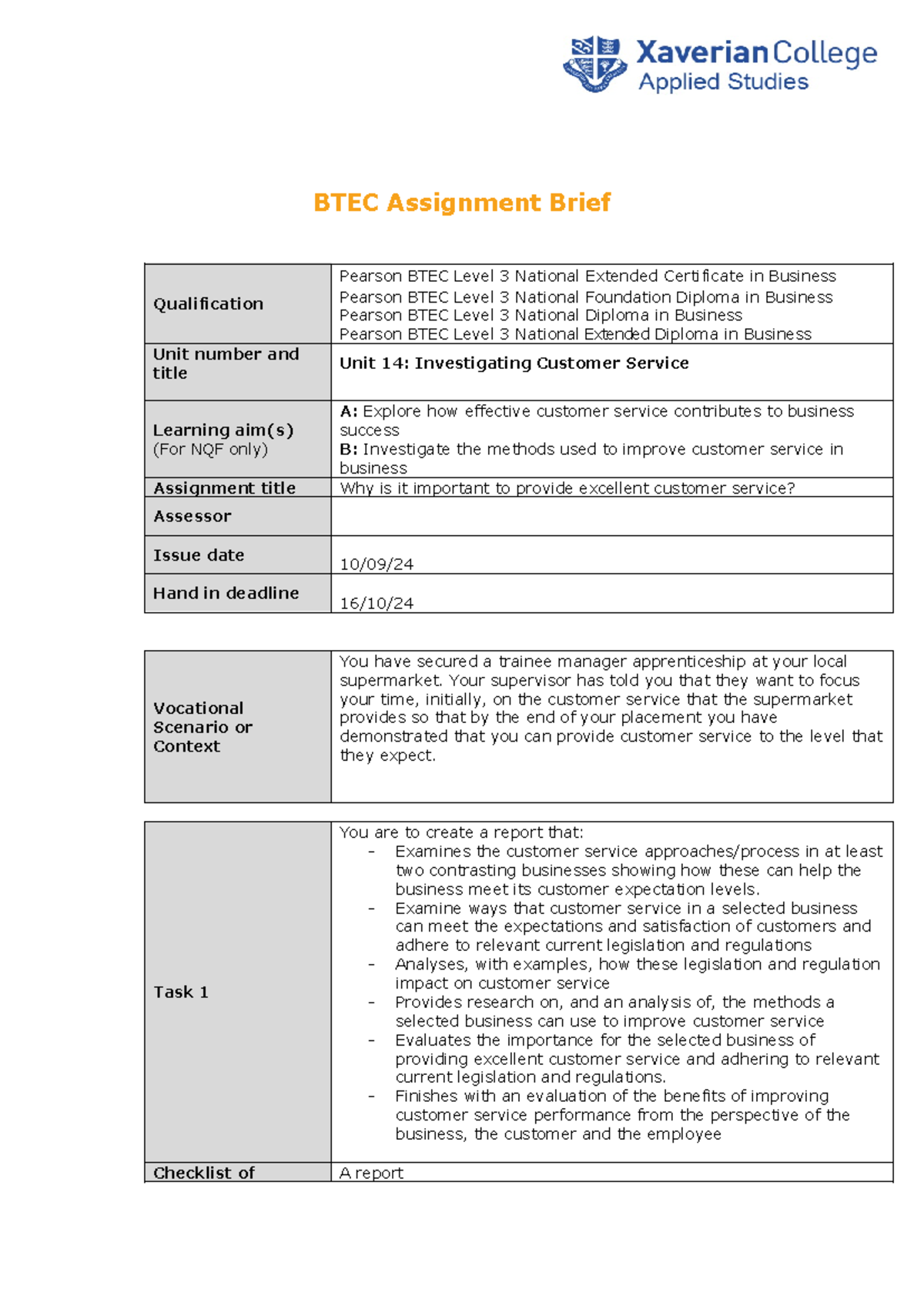 BTEC Business Unit 14 Assignment 1: Investigating Customer Service ...