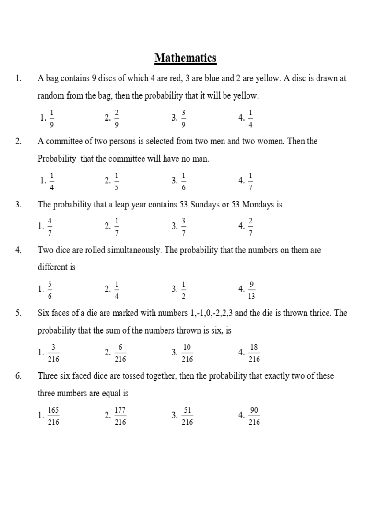 MATH 1 Worksheet: Probability Problems and Solutions - Studocu