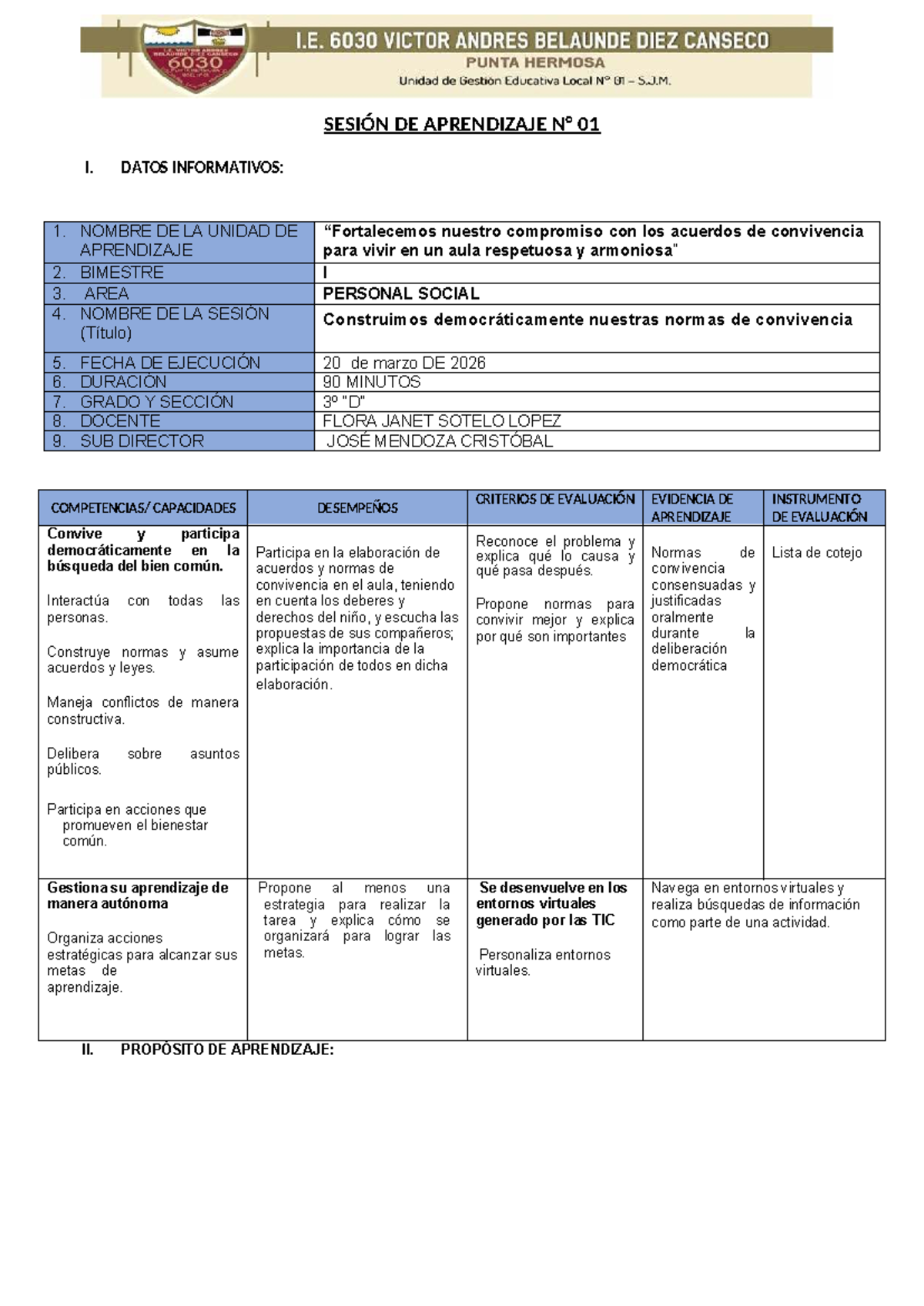 SESION DE APRENDIZAJE 01: Normas de Convivencia en Aula - Personal ...