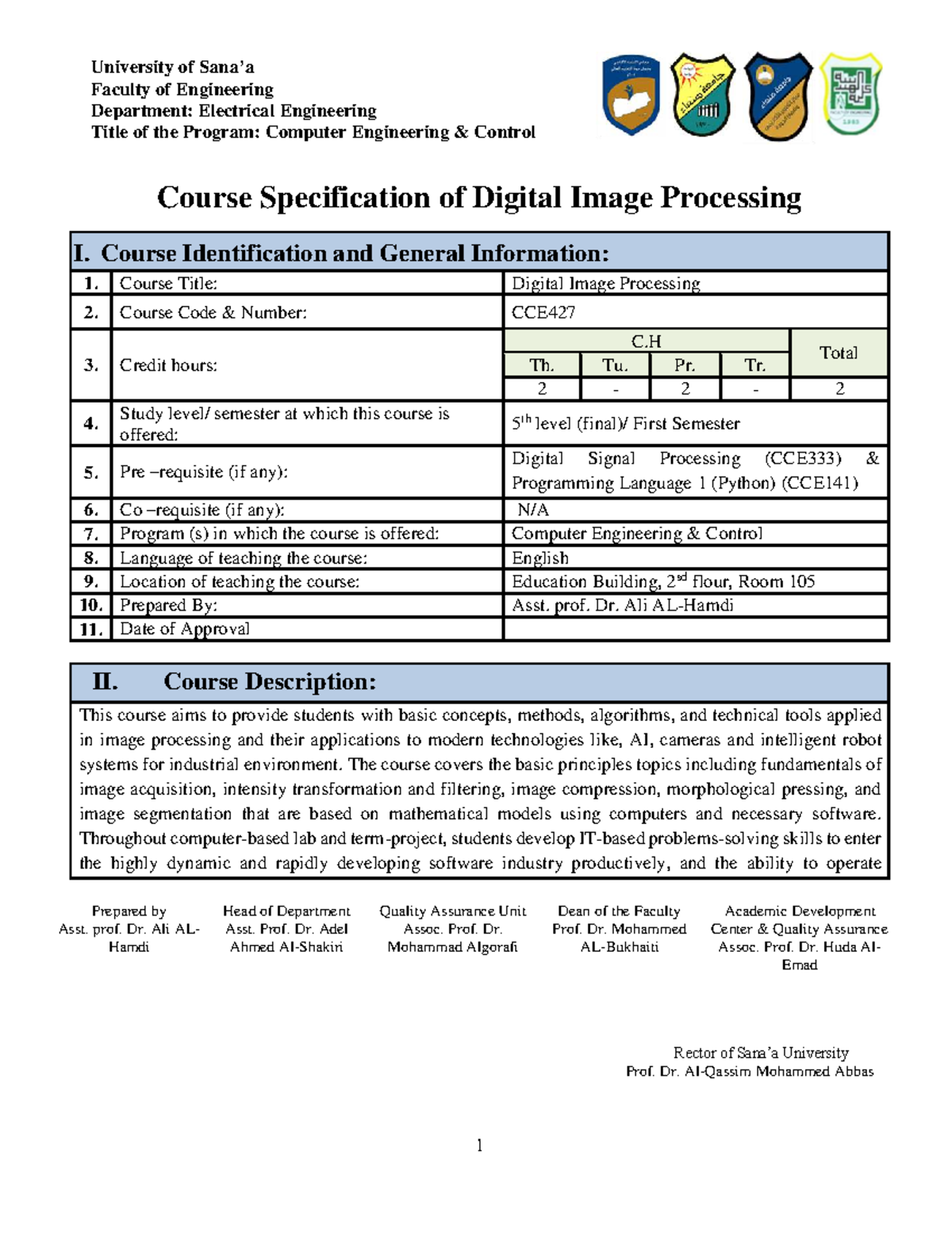 CCE427 Course Specification: Digital Image Processing Overview - Studocu