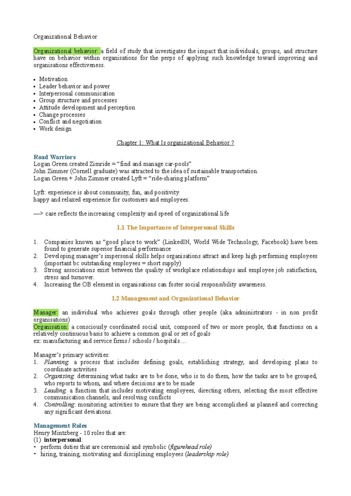 Organizational Behavior Overview: Key Concepts from Chapter 1 - Studeersnel