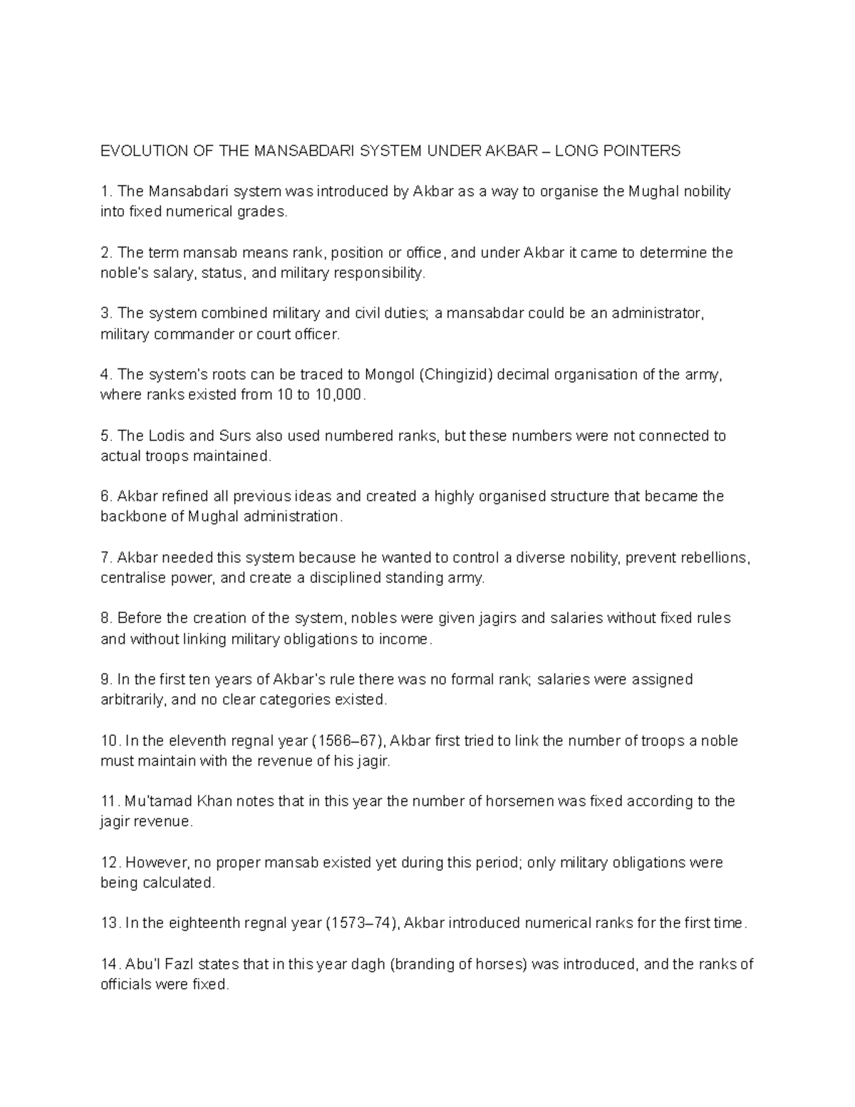 EVOLUTION OF THE MANSABDARI SYSTEM UNDER AKBAR: FINAL REVISION NOTES ...