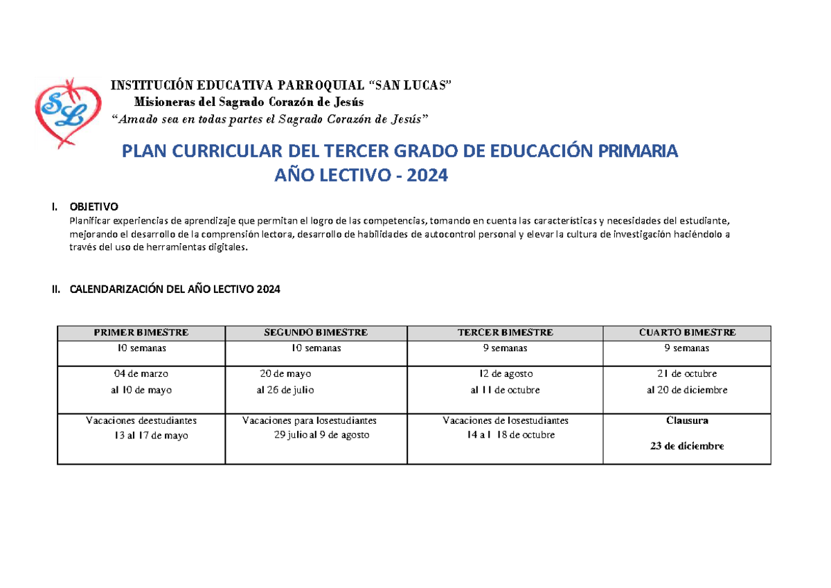 Matriz de Plan Curricular 2024 - Tercer Grado de Primaria - Studocu