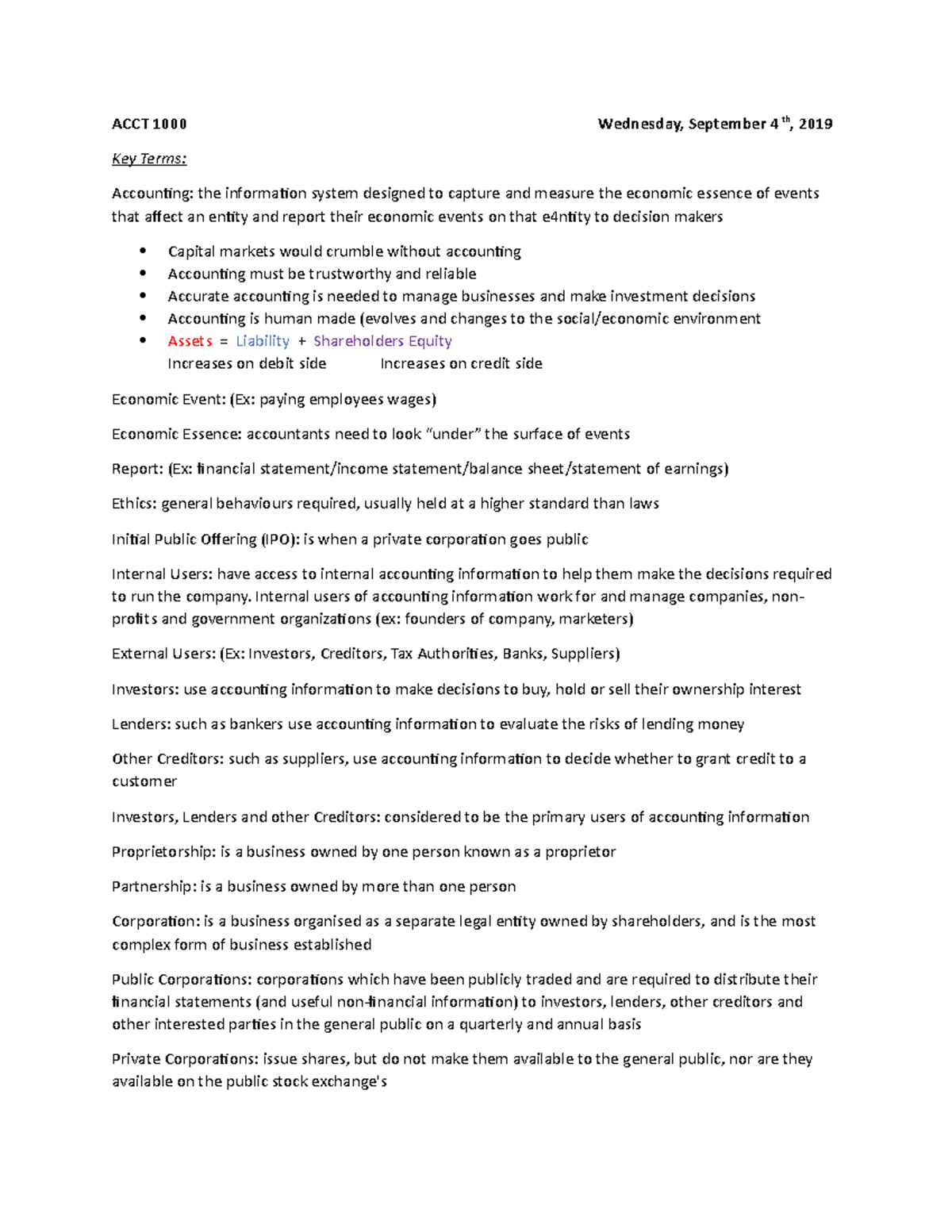 ACCT 1000 Chapter 1 & 2 Summary Notes on Financial Accounting - Studocu