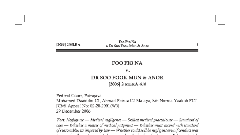 2 MLRA Foo Fio Na v. Dr Soo Fook Mun Anor: Medical Negligence Analysis ...