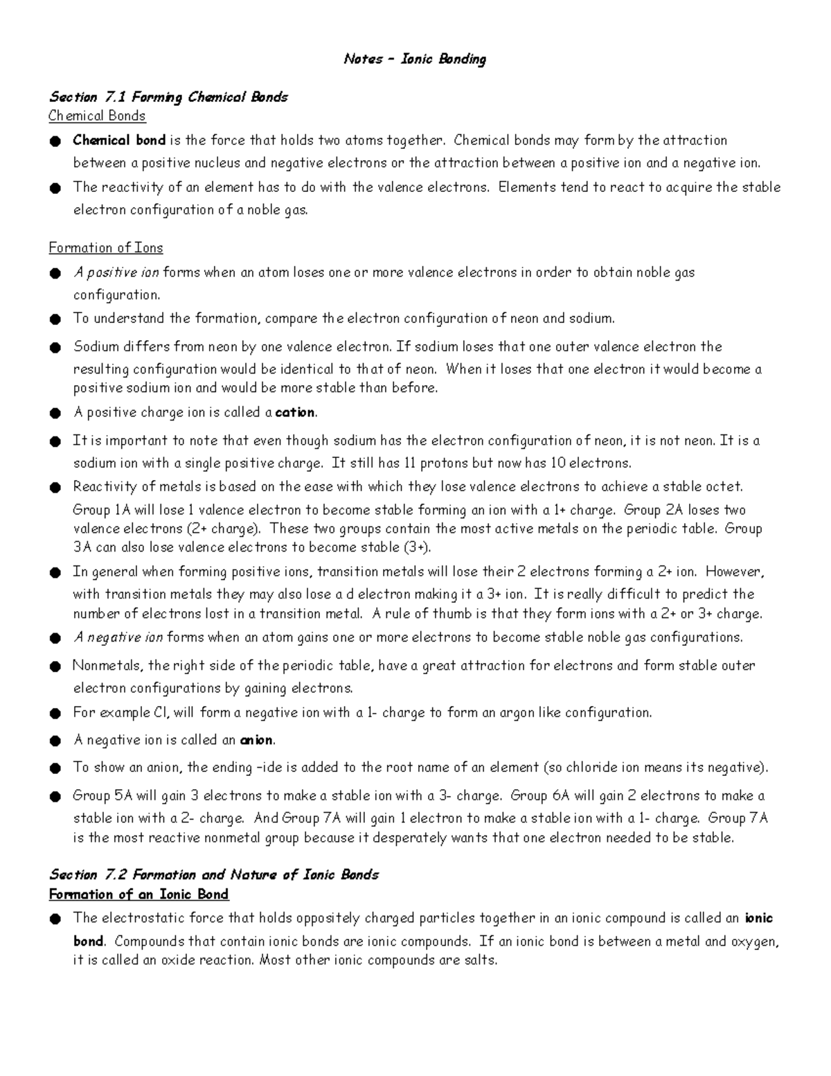 Copy of Complete ch7 notes - Notes – Ionic Bonding Section 7 Forming ...