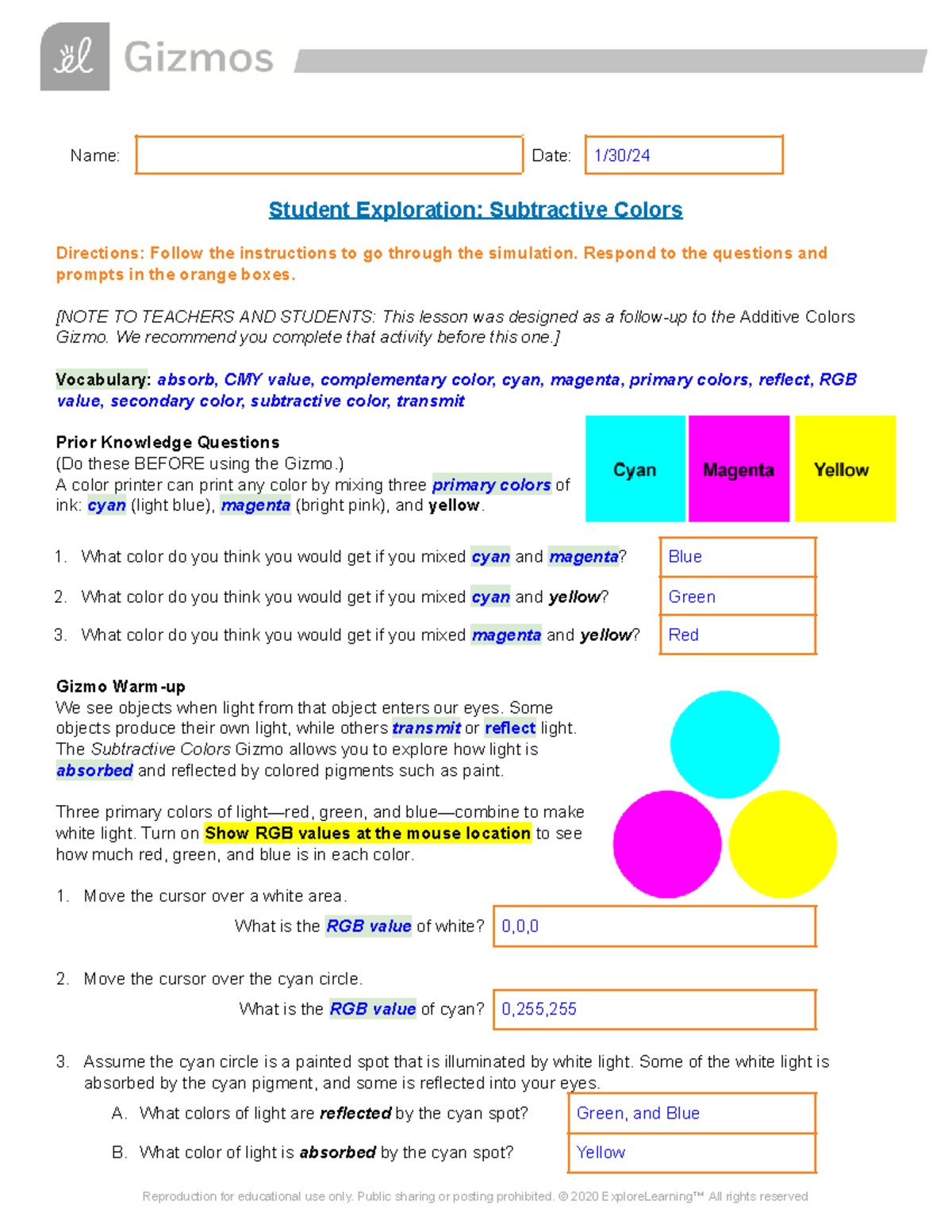 04a Subtractive Colors SE - Name: Date: 1/30/ Student Exploration ...