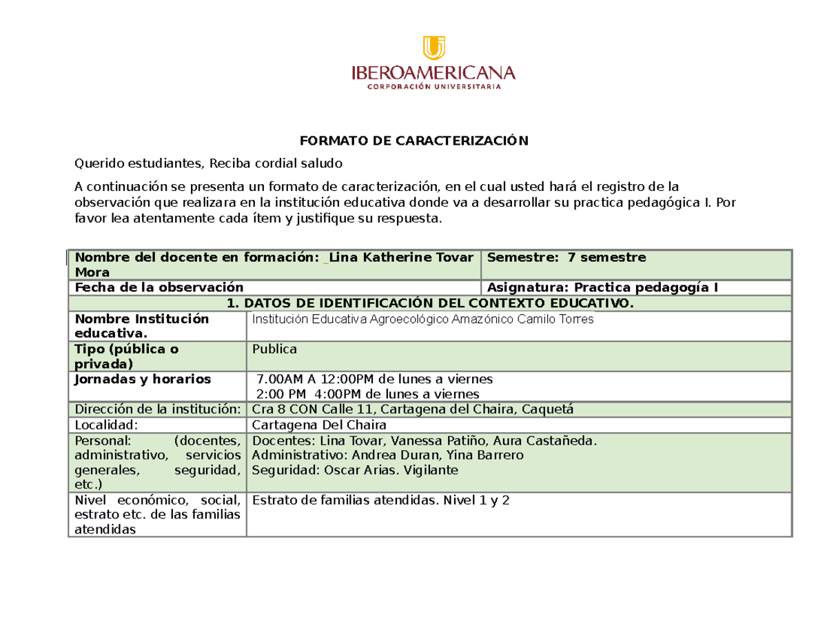 Formato de Caracterización del Contexto Institucional - Práctica I - Document Preview
