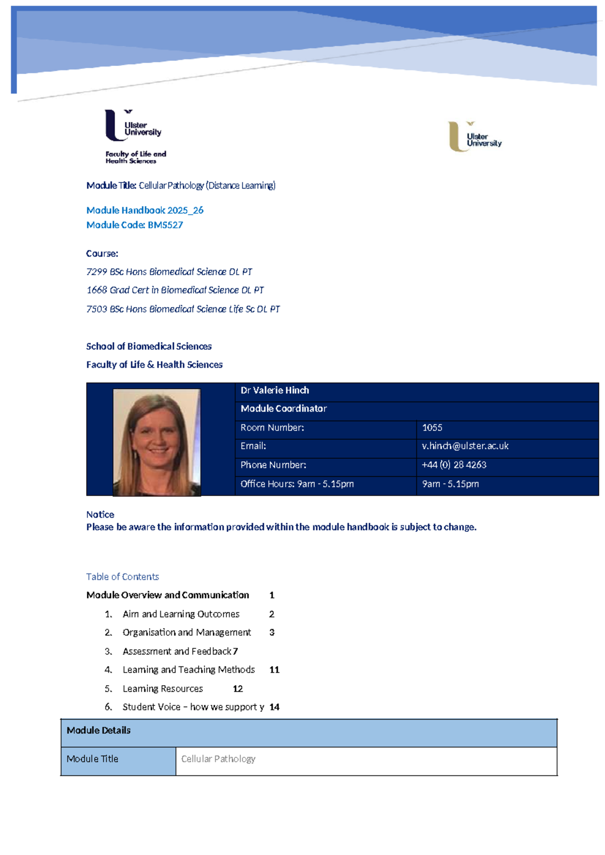 BMS527 Cellular Pathology Module Handbook 2025-26 Summary - Studocu