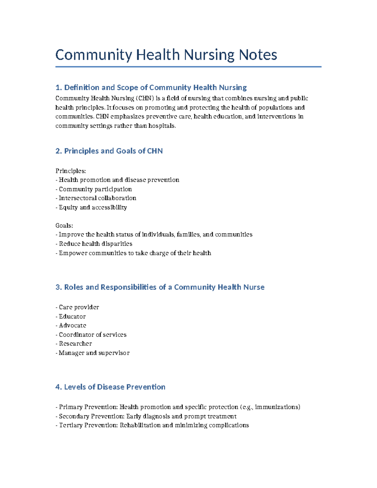 Community Health Nursing Notes: Principles, Roles, and Programs - Studocu