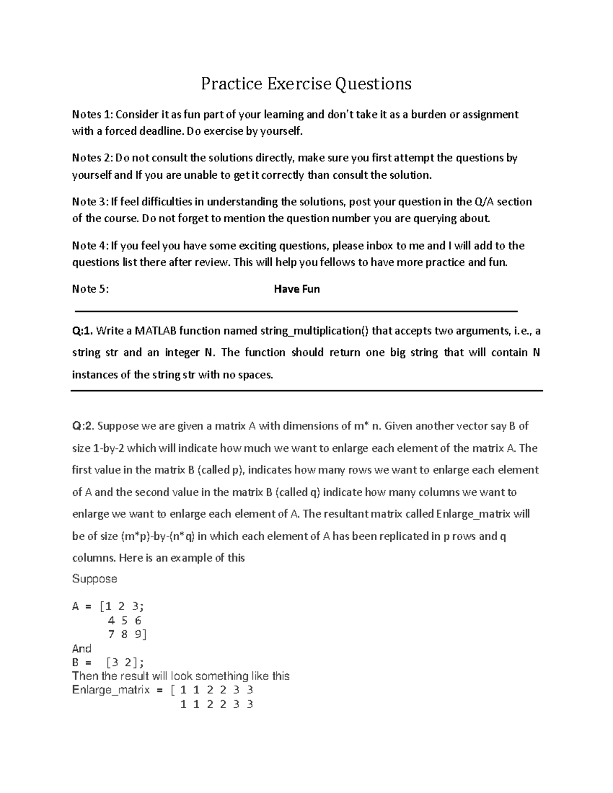 Practice Exercise Questions Notes 1: MATLAB Functions & Matrix ...