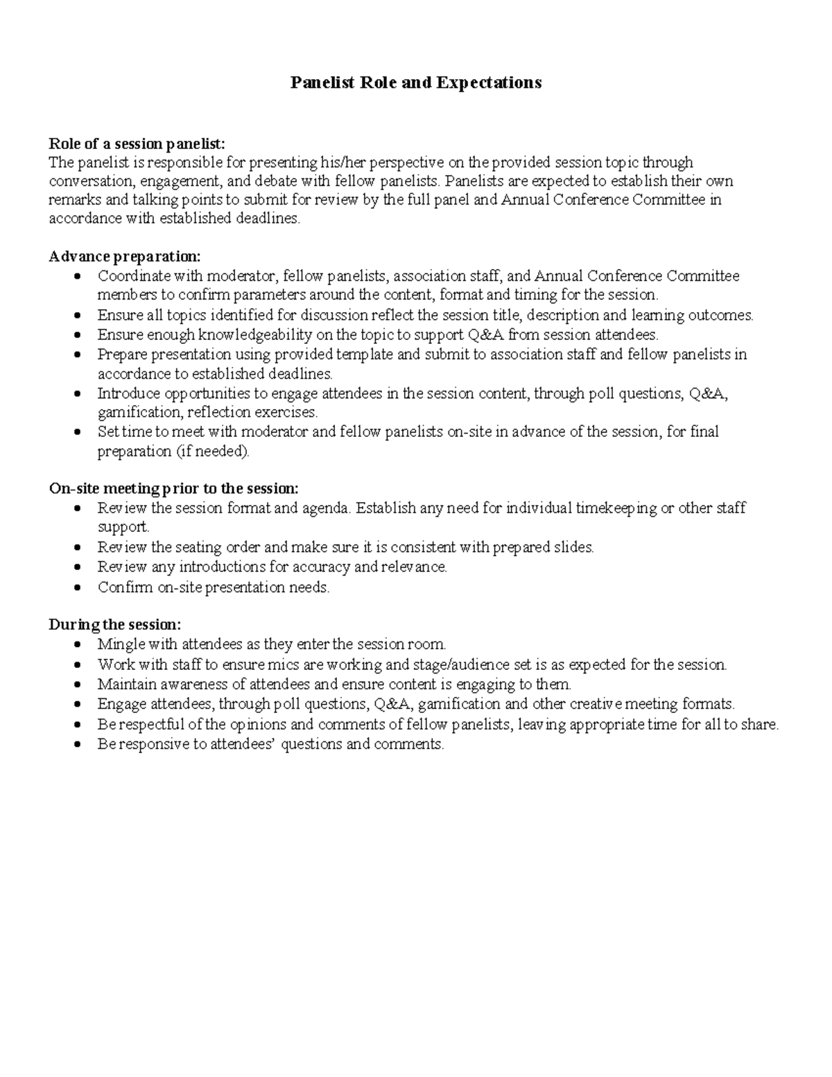 Panelist Responsibilities for Annual Conference Session Preparation ...