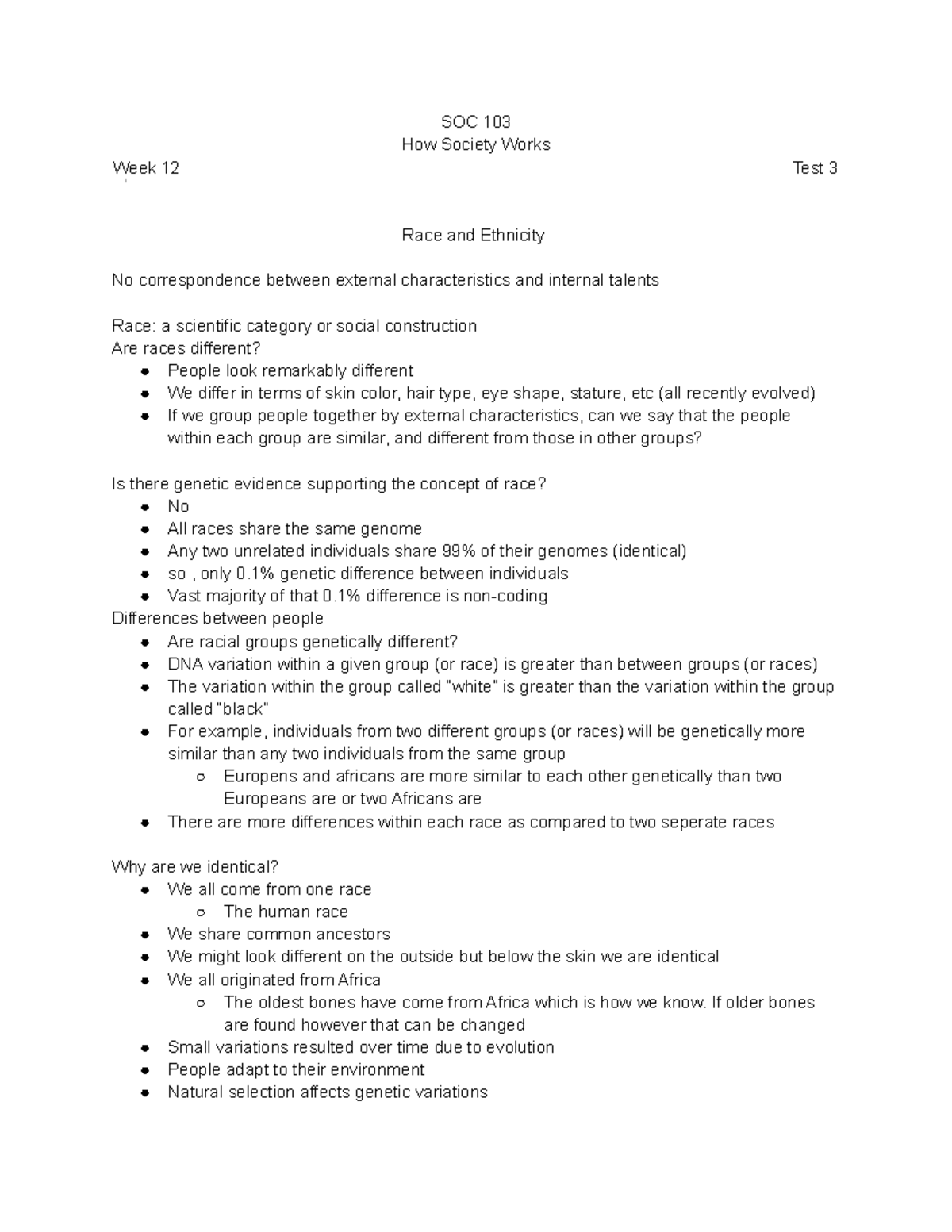 Race SOC 103 week 12 - Lecture notes 12 - SOC 103 How Society Works ...