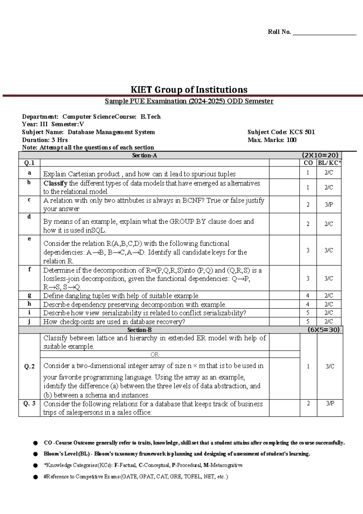 Database Management System (KCS 501) Sample PUE Exam - ODD Semester ...