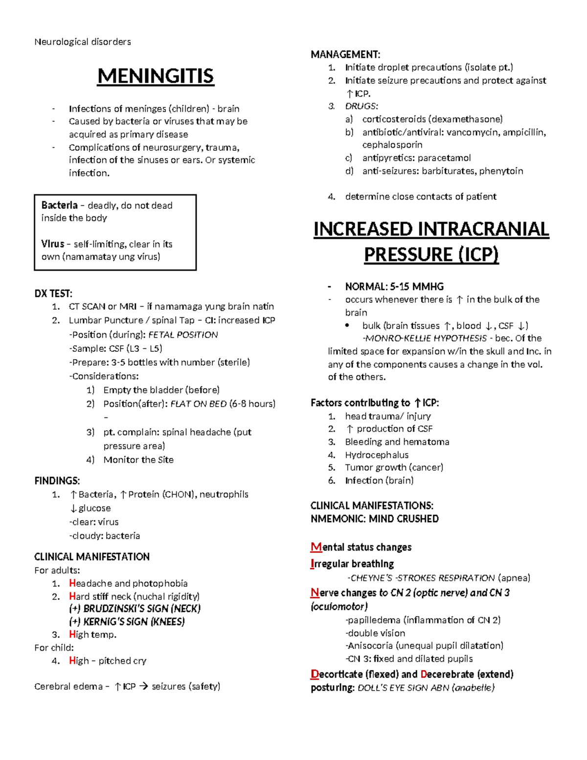 Neurologic Disorders - Lecture Notes (NEURO 101) - Studocu
