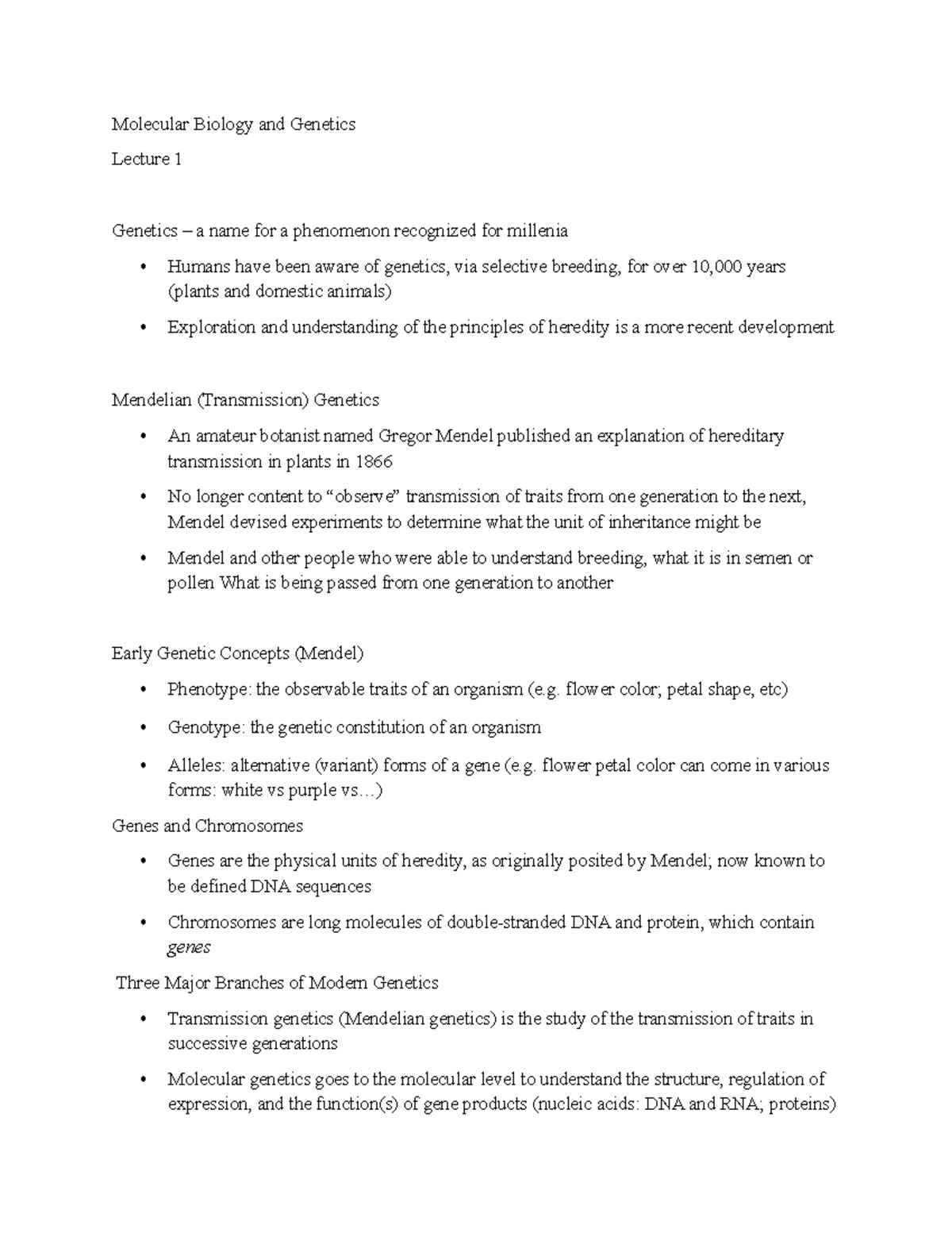 Molecular Biology & Genetics Lecture 1: Overview of Key Concepts - Studocu