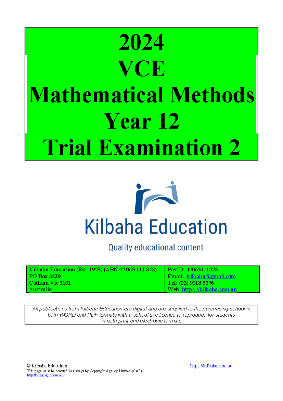 2024 VCE Mathematical Methods Year 12 Trial Exam 2 Practice Questions ...