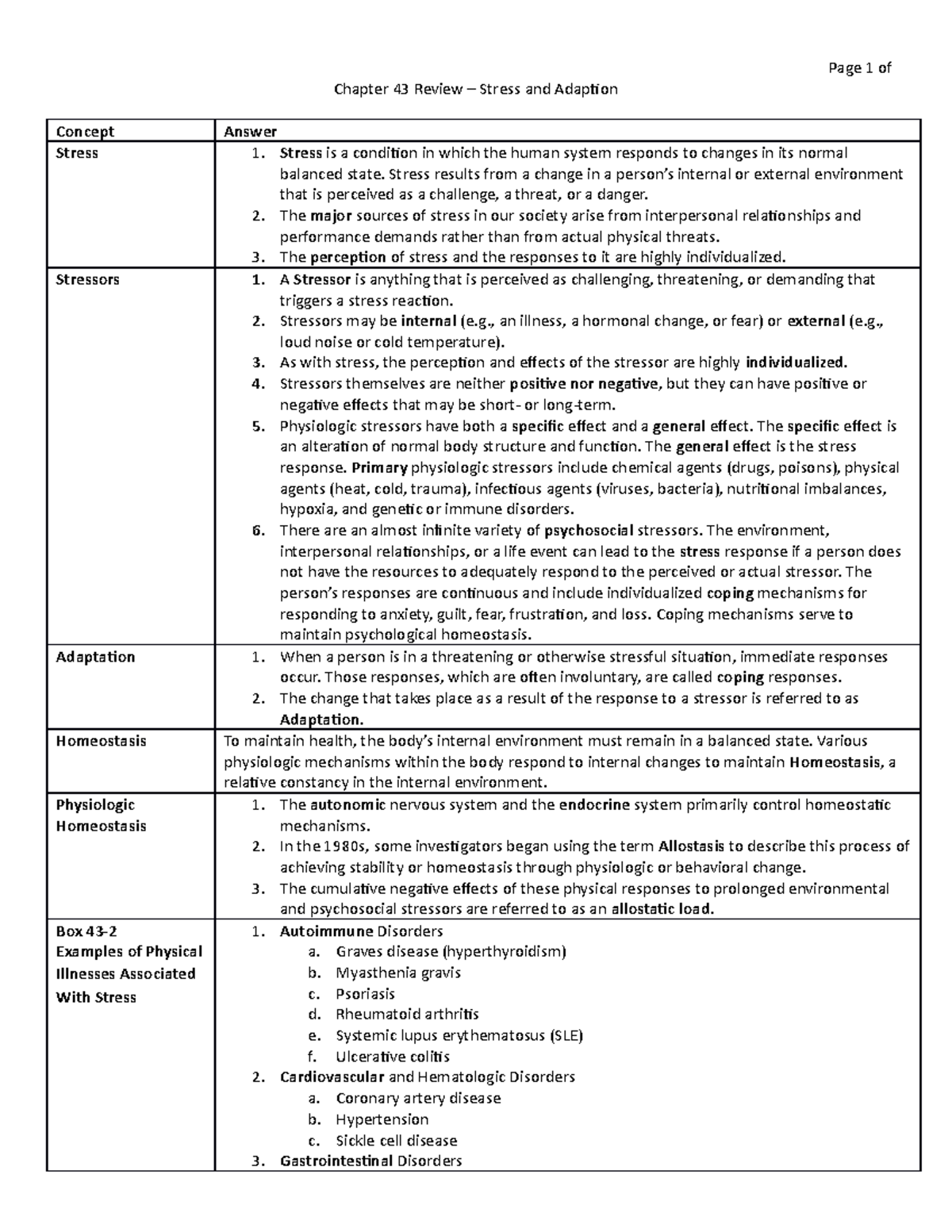 Chapter 43 Review - Stress and Adaptation - Chapter 43 Review – Stress ...