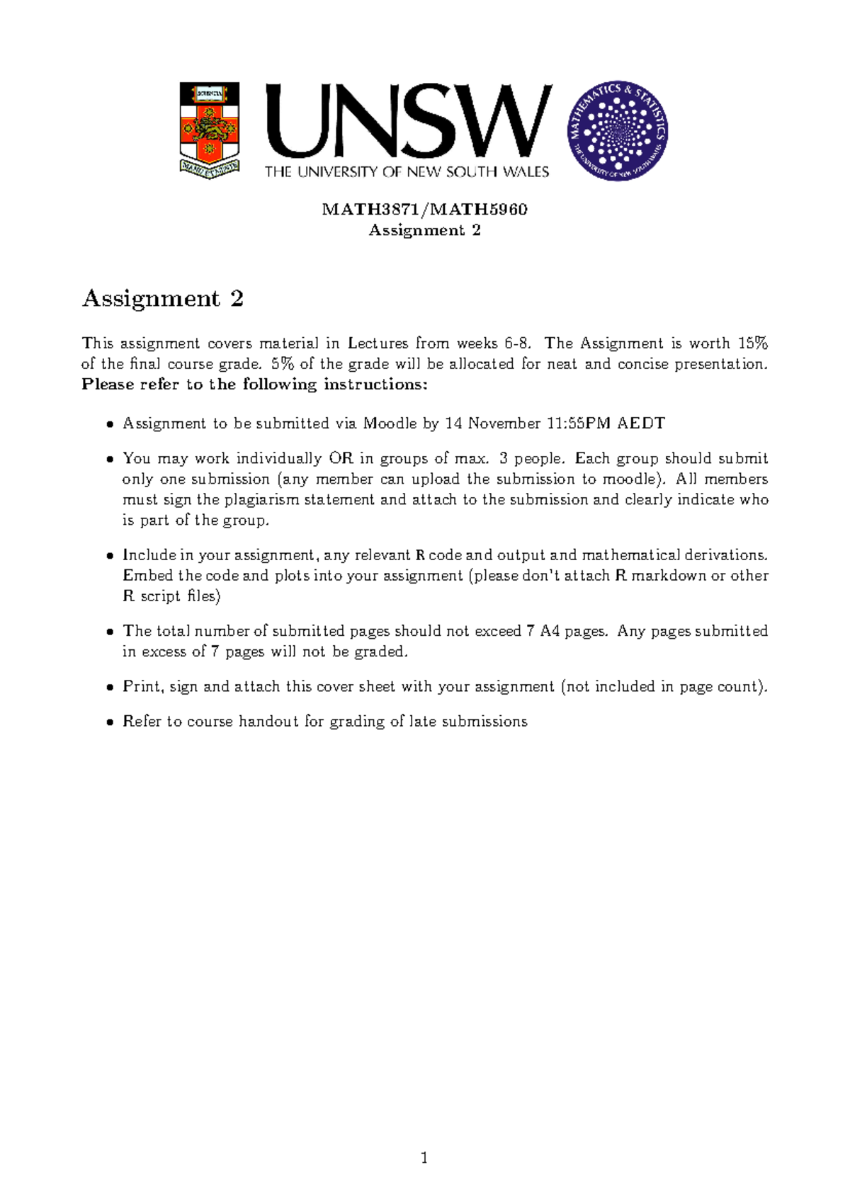 MATH3871: Assignment 2 Overview and Guidelines (Weeks 6-8) - Studocu